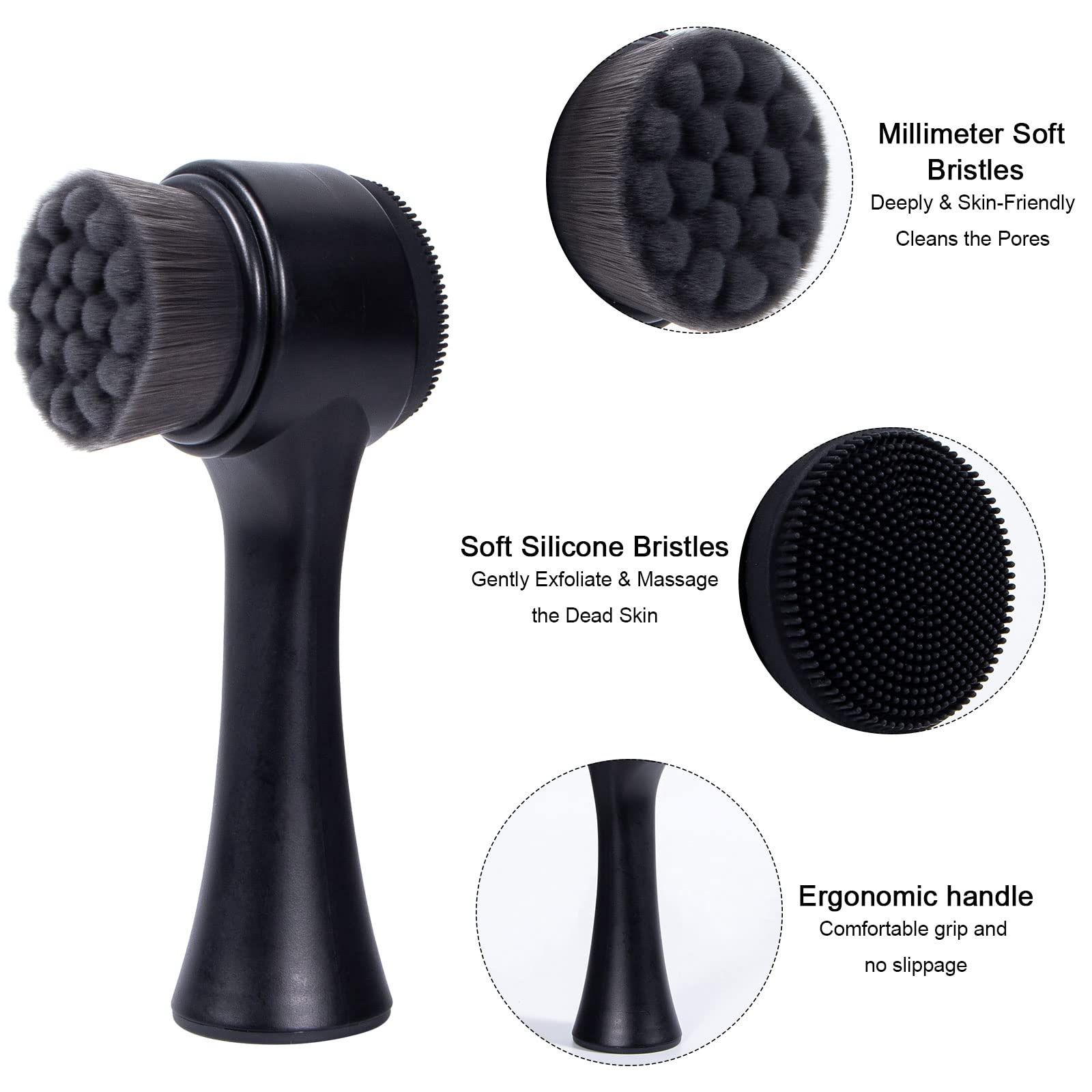 Facial Cleansing Brush 2 in 1, Ooloveminso Face Exfoliating Pore Deep Cleansing Brush, Ultra Fine Soft Bristle Dual Face Wash Brush, Silicone Face Scrubber for Skincare, Black