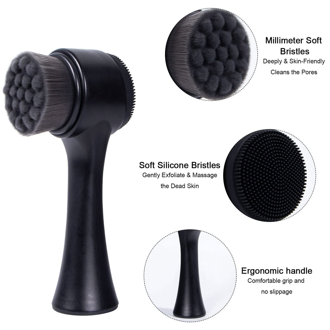 Facial Cleansing Brush 2 in 1, Ooloveminso Face Exfoliating Pore Deep Cleansing Brush, Ultra Fine Soft Bristle Dual Face Wash Brush, Silicone Face Scrubber for Skincare, Black