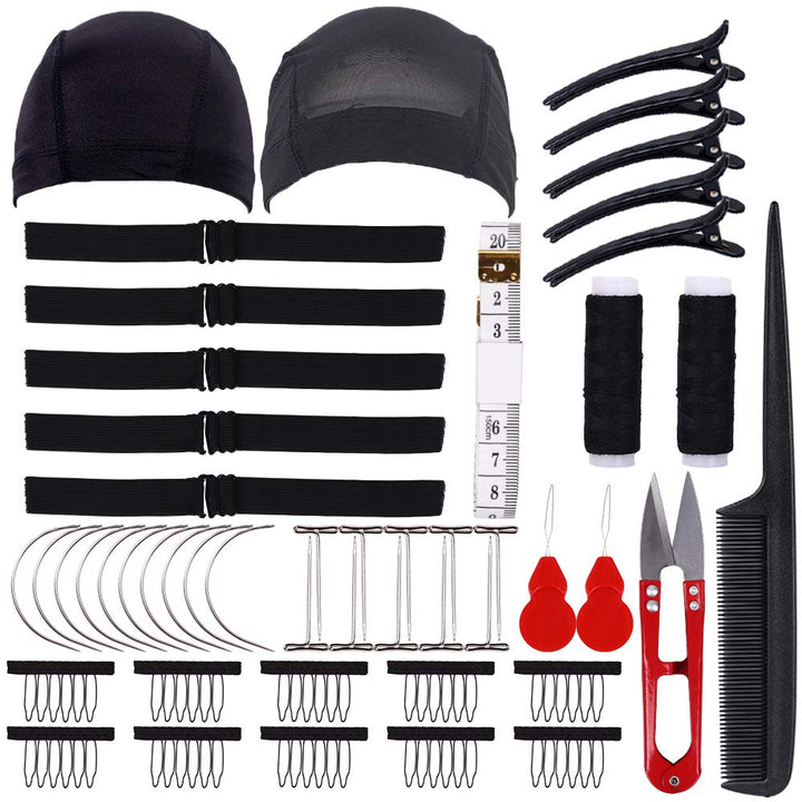 Wig Making Kit DIY Wig Tools Wig Accessories for Pro and Beginner, 5 Pieces Adjustable Elastic Band, 2 Pack Stretchable Wig Caps for Men and Women (Black)