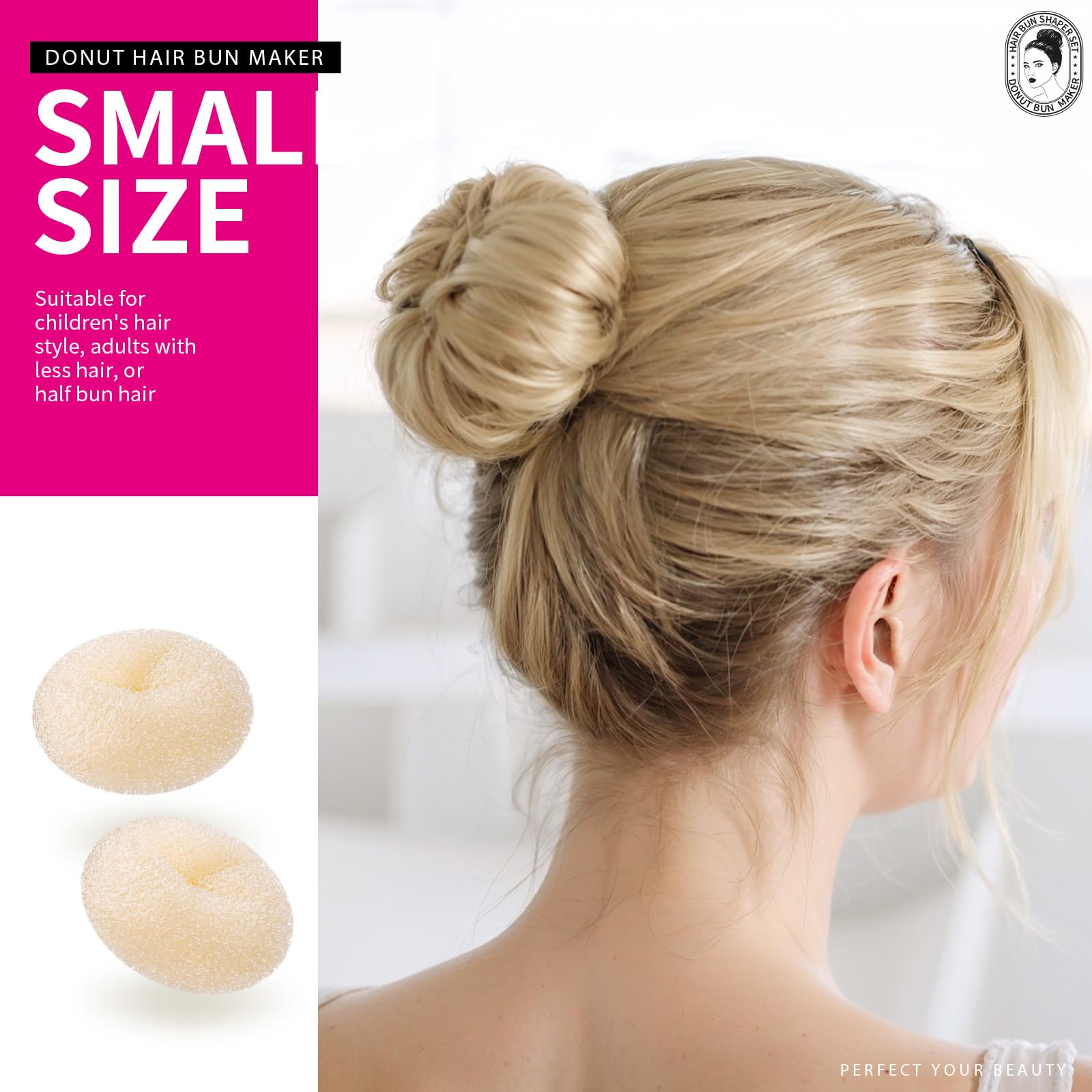 Donut Bun Maker, Teenitor Hair Bun Donut Maker Ring Style Bun Maker Set - 7 Buns Shaper & 5 Bands & 20 Bobby Pins For Chignon Hair Styles Ballet Dance Beige (2 Small 2 Medium 2 Large 1 Extra-large)
