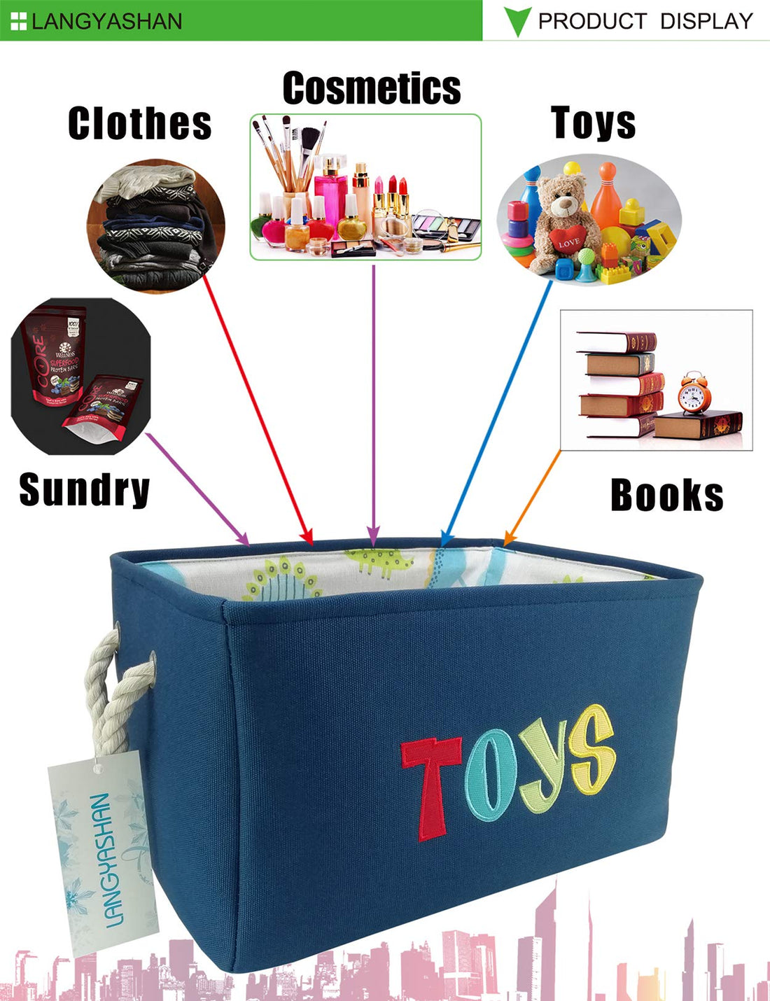 LANGYASHAN Rectangular Storage Bin Collapse Canvas Fabric Cartoon Storage Basket with Handles for Organizing Home Kitchen Boys and Girls Toys Office Closet Shelf Baskets (Navy toys)