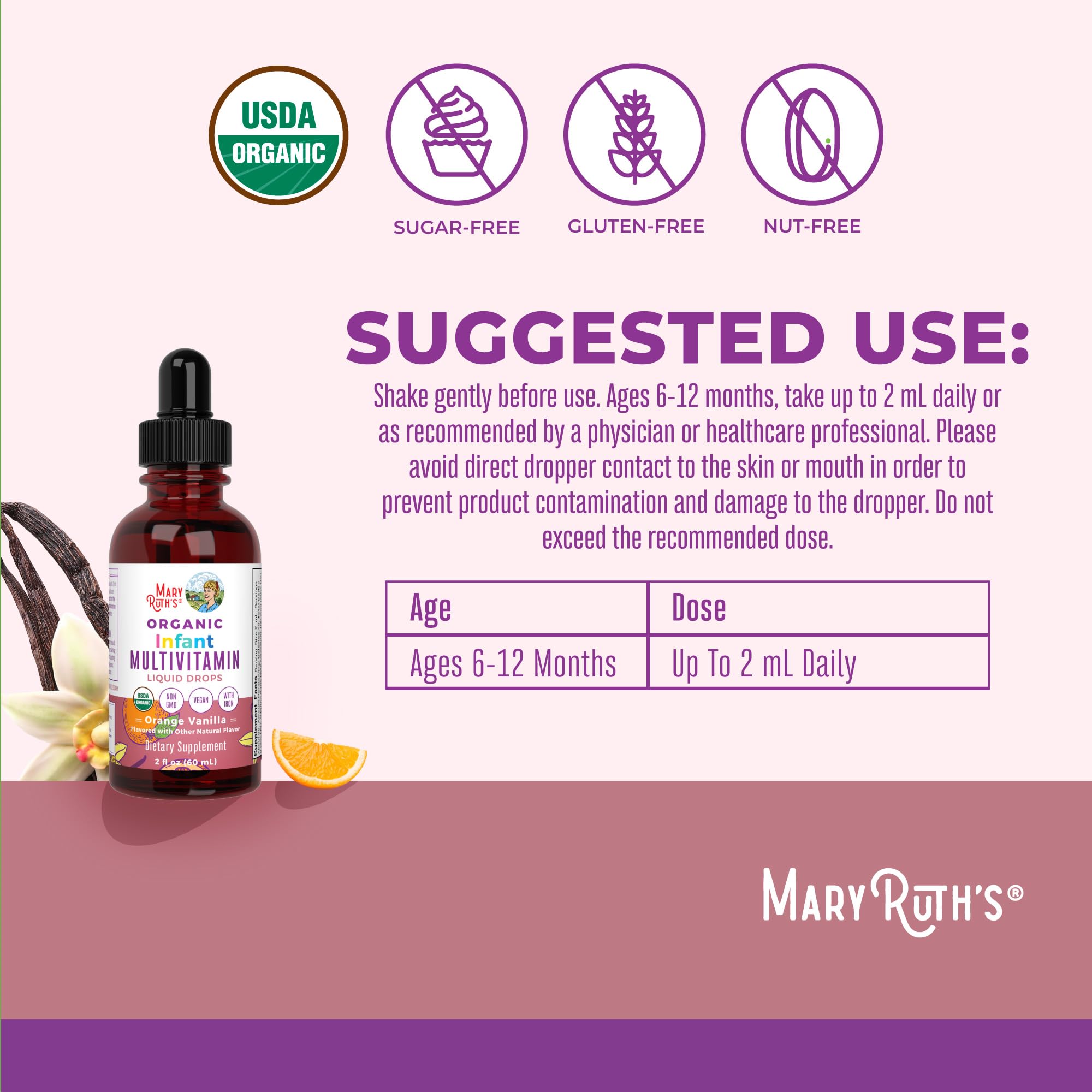 MaryRuth Organics Multivitamin with Iron for Infants | USDA Organic | Liquid Drops for Babies 6-12 Months | Immune Support & Overall Wellness | Vegan | Non-GMO | Gluten Free | 2 Fl Oz