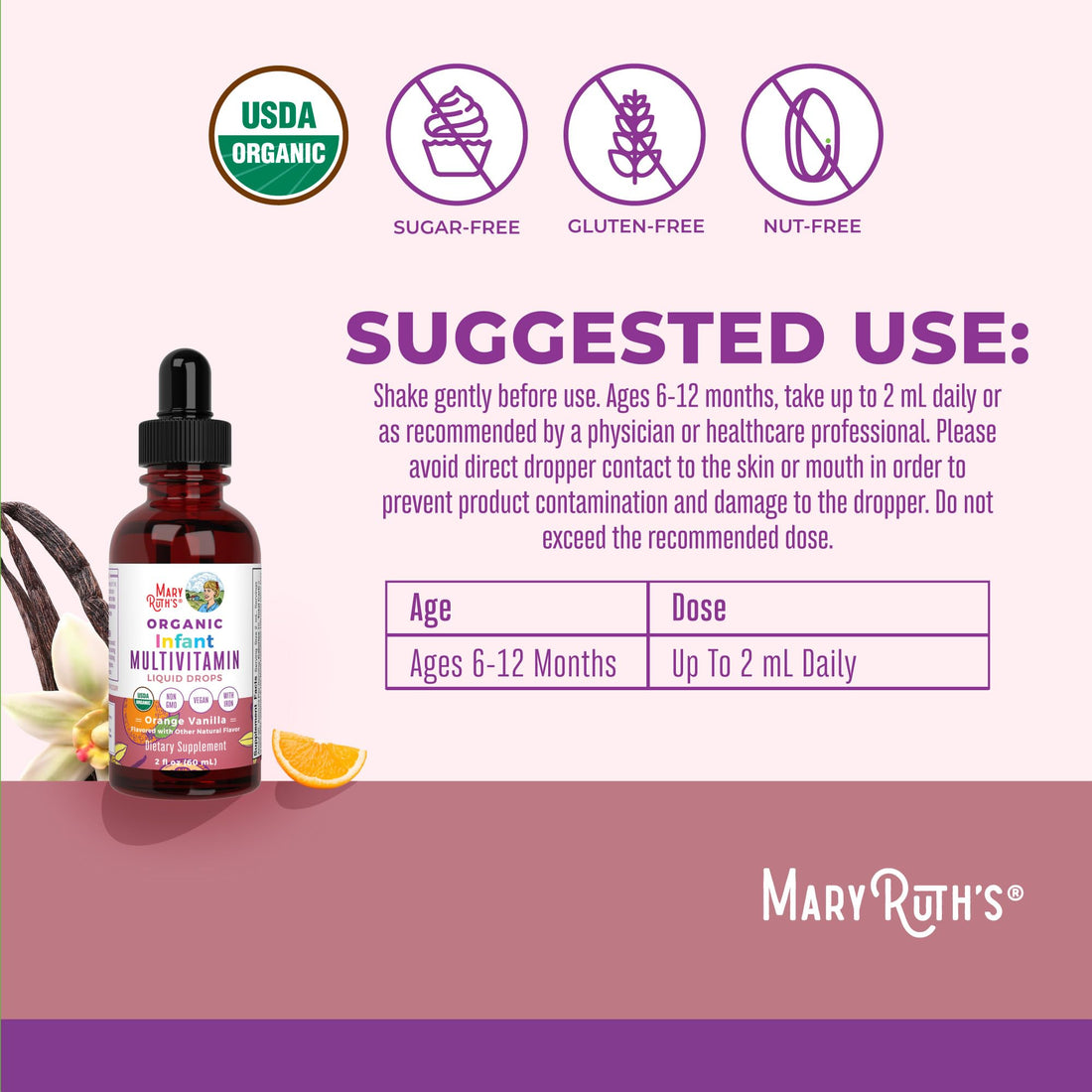 MaryRuth Organics Multivitamin with Iron for Infants | USDA Organic | Liquid Drops for Babies 6-12 Months | Immune Support & Overall Wellness | Vegan | Non-GMO | Gluten Free | 2 Fl Oz