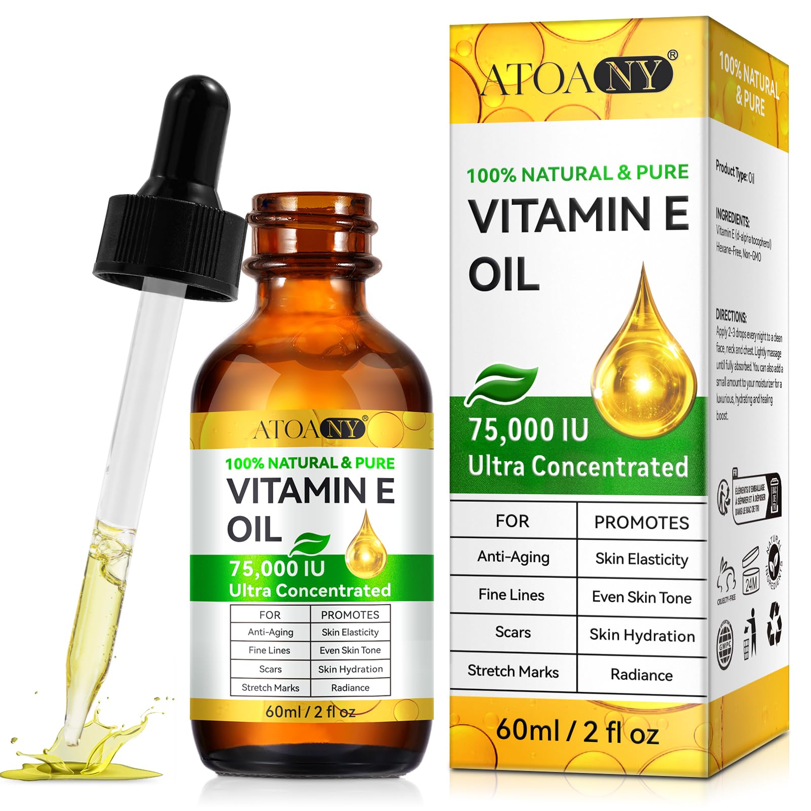 Vitamin E Oil Blend 75,000 IU, Vitamin E Oil for Skin, Scars, Face & Full Body, Organic Pure Vitamin E Oil for Tightening Plump Skin, Reduce Fine Lines & Scars, Moisturizing Skin, 2 Fl Oz