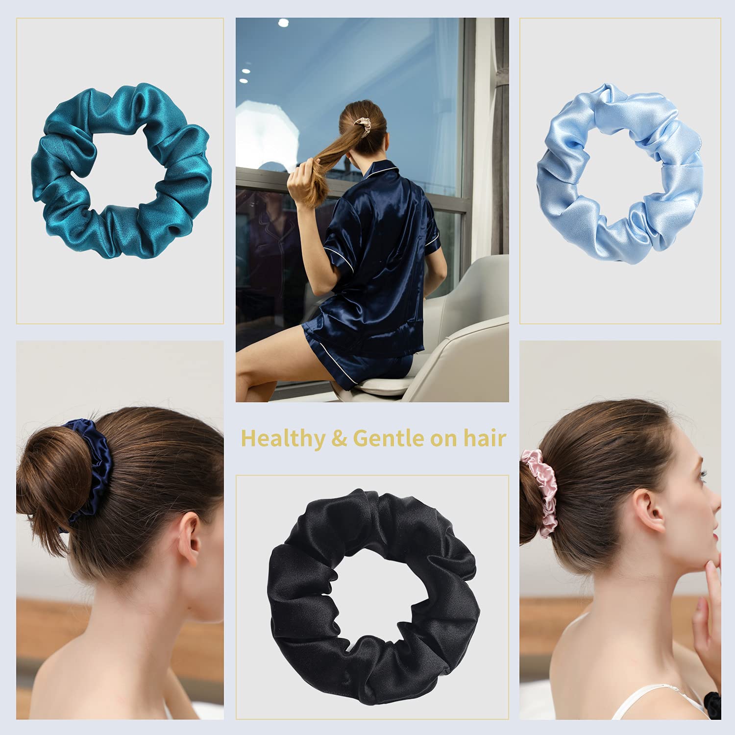 ZIMASILK 100% Mulberry Silk Hair Scrunchies,Best For Women And Girls’Hair.19MM Elastic Hair Bands for Ponytail Holder.Gentle And No hurt.(3 Packs, Burgundy, Black, Royal Blue)