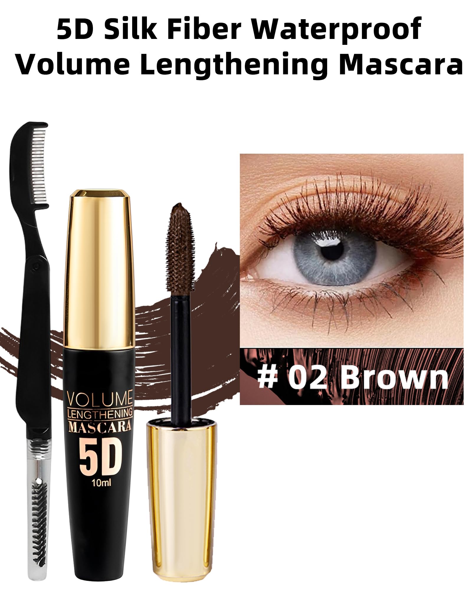 Brown Waterproof Mascara for Eyelashes, 5D Silk Fiber Lash Extension Colored Tube Mascara with Eyelash Brush, Long Lasting Curling Máscara Black Volume and Length, Eye Makeup Gift for Women
