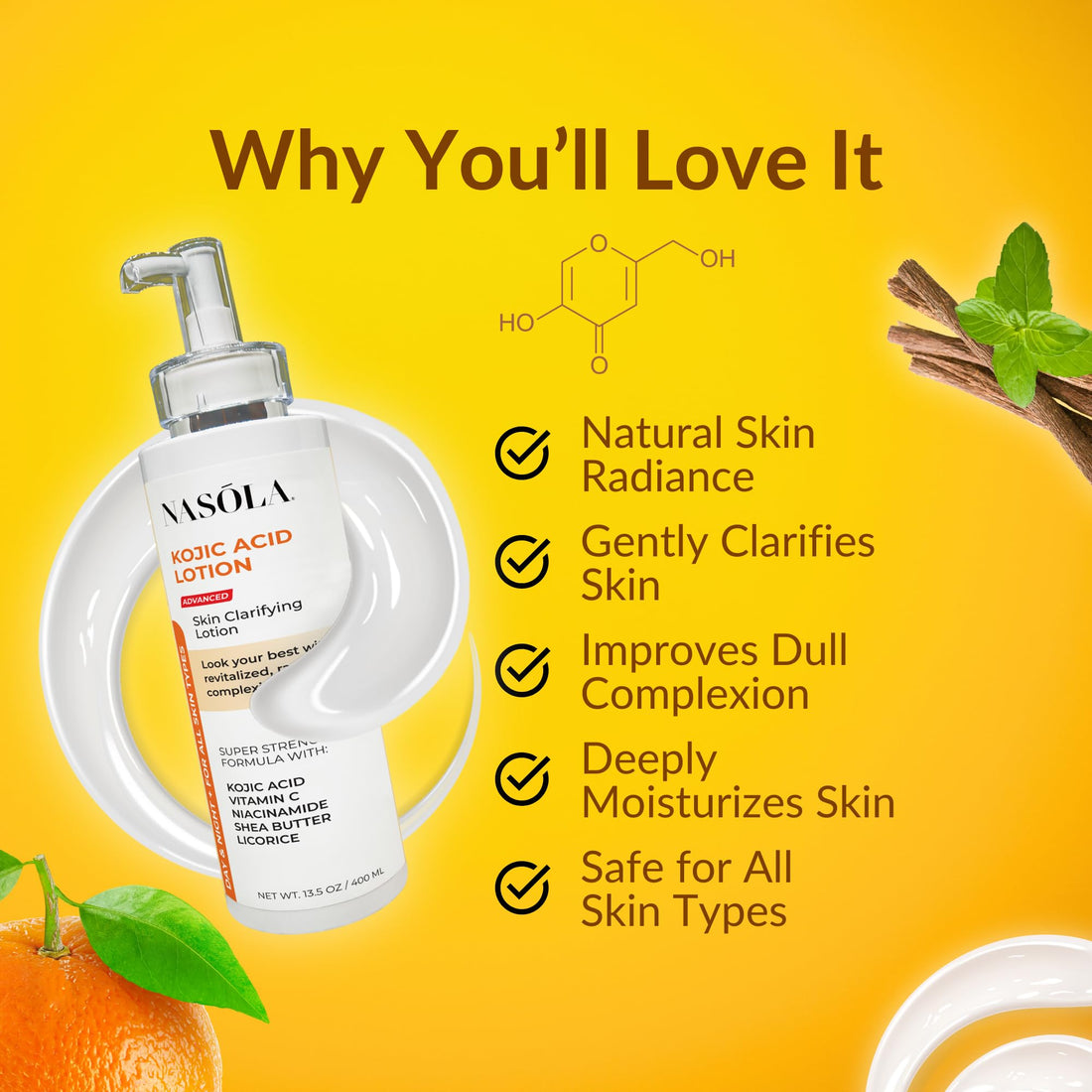 Nasola Kojic Acid Lotion Natural Skin Clarifying for Face & Body with Vitamin C, Niacinamide, Shea Butter, Licorice & Green Tea for Complexion Revitalization, Women & Men