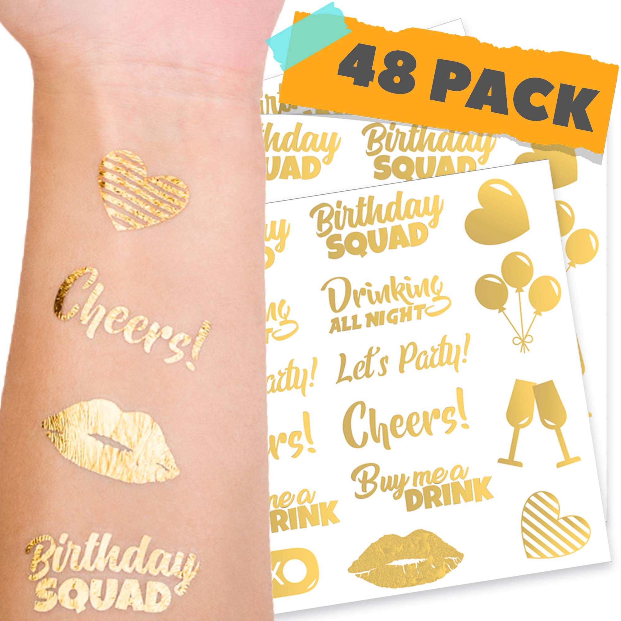 CORRURE 48pcs Birthday Tattoos - Gold Temporary Tattoos Metallic for Women and Men - Happy Birthday Squad Tattoos for Girls, 18th 21st 25th 30th or Any Adult Bday - 11 Flash Party Tattoos