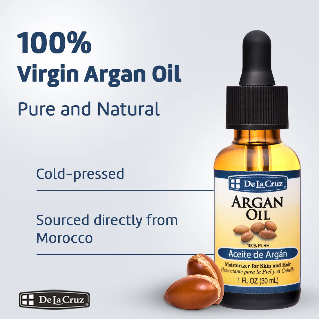 De La Cruz Pure Moroccan Argan Oil, Unrefined, Cold Pressed & Hexane Free, Bottled in USA 2 FL. OZ.