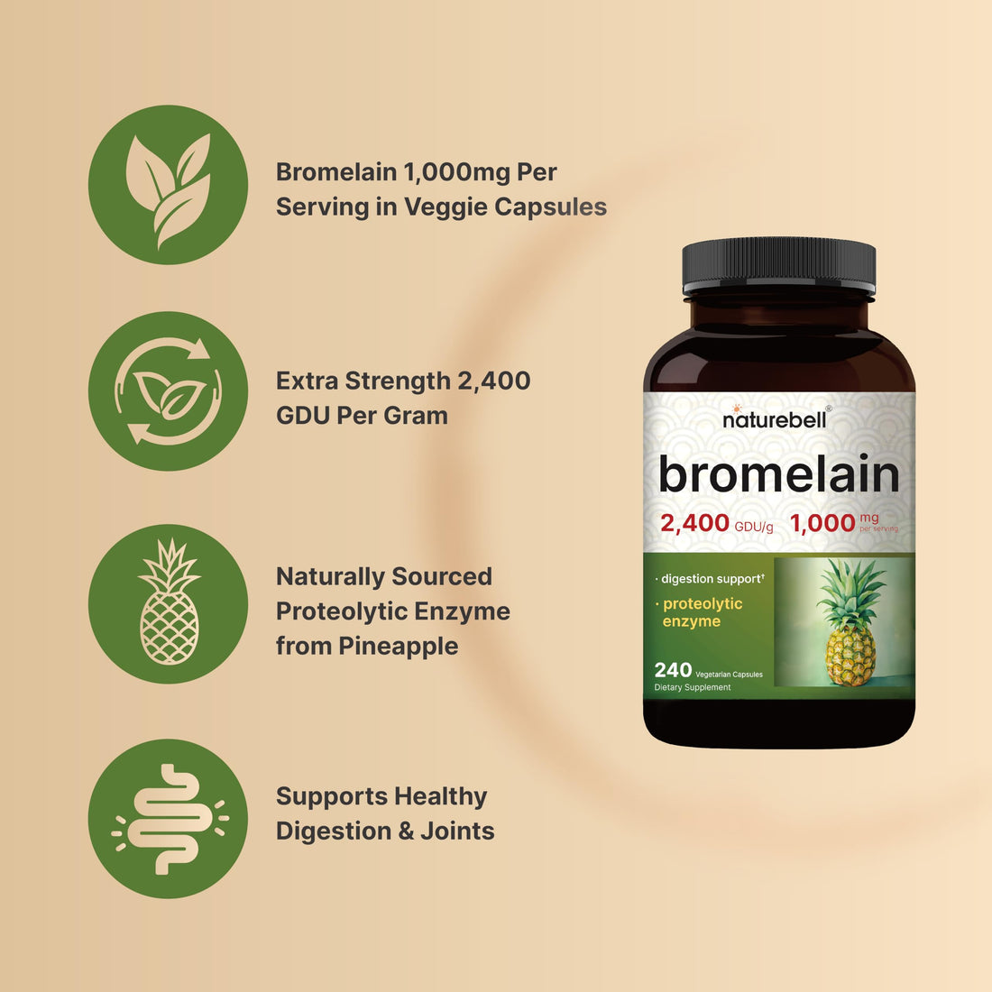 NatureBell Bromelain, 1,000mg Per Serving, 240 Veggie Capsules | 2,400 GDU – Digestive Enzymes & Joint Support Supplement – Proteolytic Enzymes for Digestion, Fresh Pineapple Source – Non-GMO