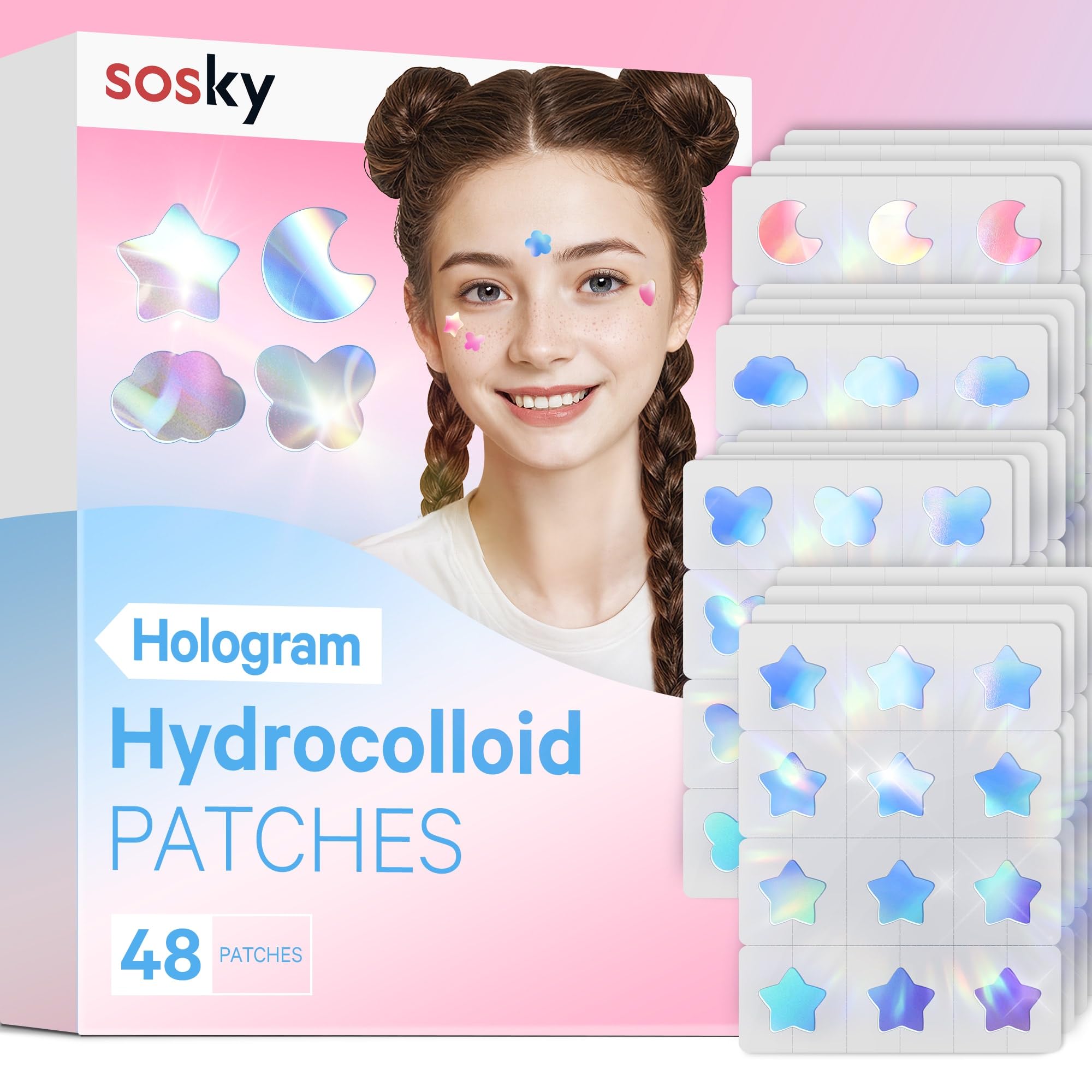 Sosky Hologram Pimple Patches for Face, Hydrocolloid Acne Patches with Salicylic Acid, Cute Star Zit Stickers,Colorful Blemish Covers,48 Count Blue Pink Star Moon Cloud Butterfly