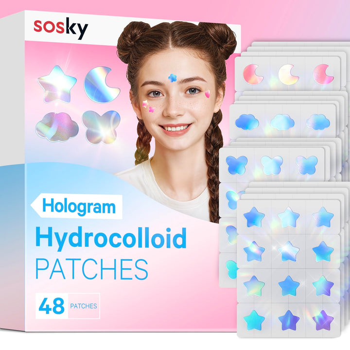Sosky Hologram Pimple Patches for Face, Hydrocolloid Acne Patches with Salicylic Acid, Cute Star Zit Stickers,Colorful Blemish Covers,48 Count Blue Pink Star Moon Cloud Butterfly