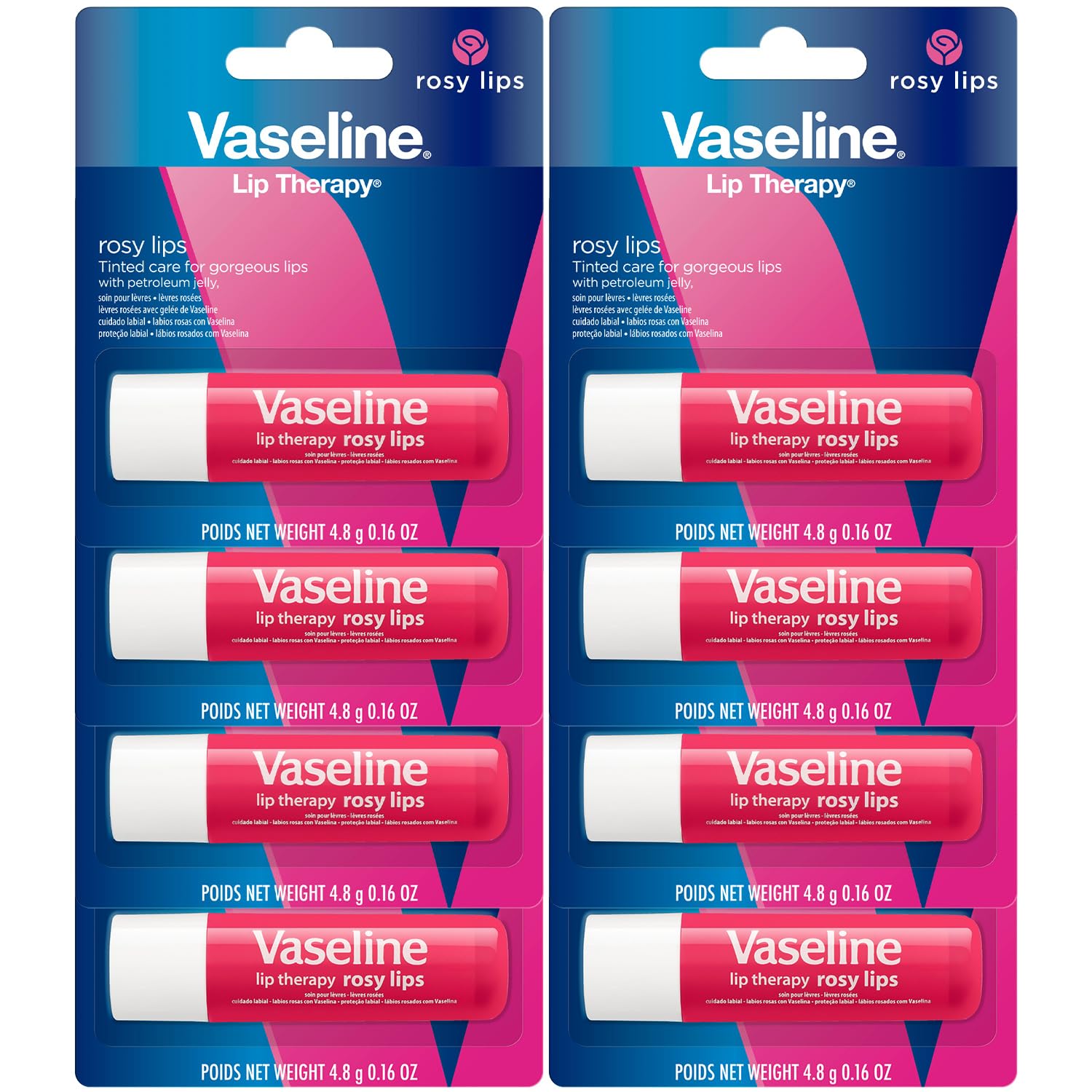 Vaseline Lip Therapy Rosy Lips 8-Pack – Moisturizing Lip Balm, Tinted, 0.16 Oz Ea