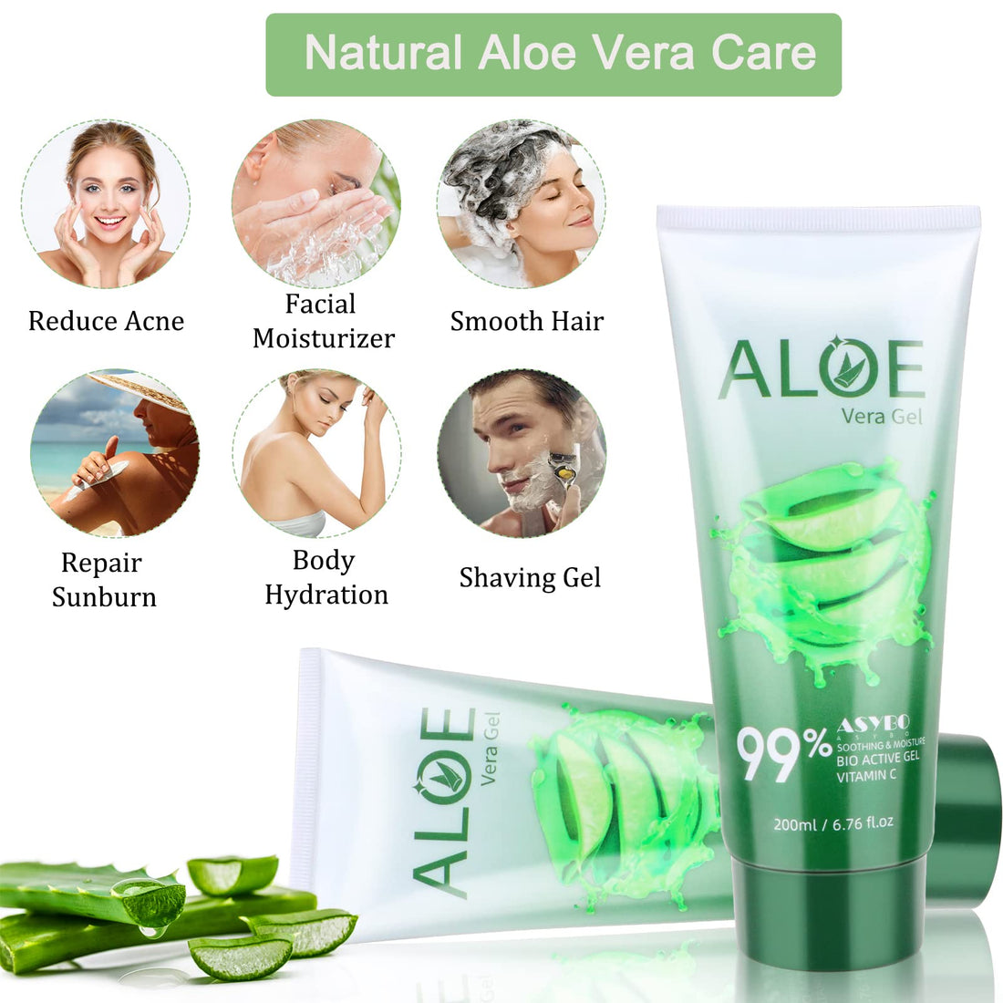 ASYBO 200x2 ML Aloe Vera Gel – 99% Organic Pure Aloe Vera Hydrating Face & Body Moisturizer, Natural Aloe Cream for Dry Skin, Sunburn, Acne, Soothing & Moisturizing