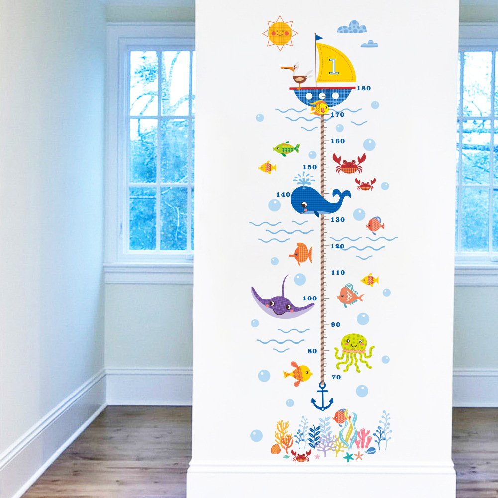 Wland 22 inches x 67 inches Undersea Fish Whale Octopus Crab Growth Chart Removable Vinyl Wall Decals Stickers for Children Room Nursery