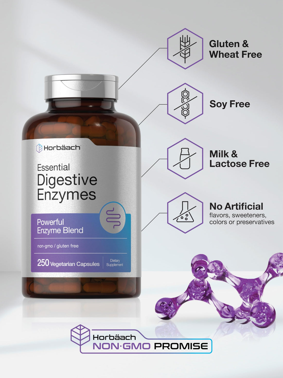 Horbäach Essential Digestive Enzymes | 250 Capsules | Powerful Enzyme Blend for Men & Women | Non-GMO & Gluten Free Supplement