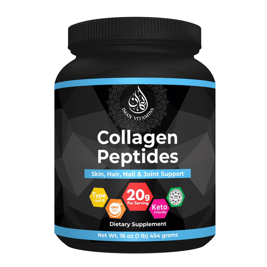 Iman Vitamins Halal Collagen Peptides Powder, 1 lb, Non-GMO, Keto Friendly, 18g Protein, Skin, Hair, Nail and Joint Support, 20 Grams of Collagen Per Serving, 16oz