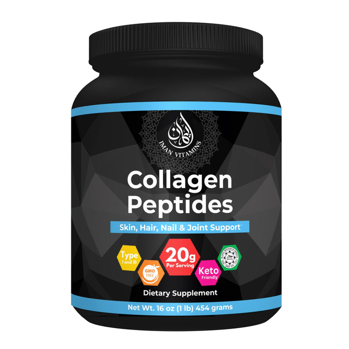 Iman Vitamins Halal Collagen Peptides Powder, 1 lb, Non-GMO, Keto Friendly, 18g Protein, Skin, Hair, Nail and Joint Support, 20 Grams of Collagen Per Serving, 16oz