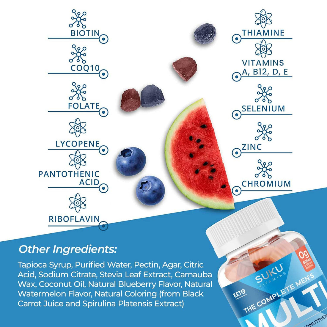 SUKU Vitamins - Complete Men's Multi - MicroNutrients: CoQ10, Lycopene Gummies for Prostate Health - Easy to Chew - Non GMO, Gluten Sugar Free - Mixed Fruit Fusion Gummy Vitamins, 60 Count