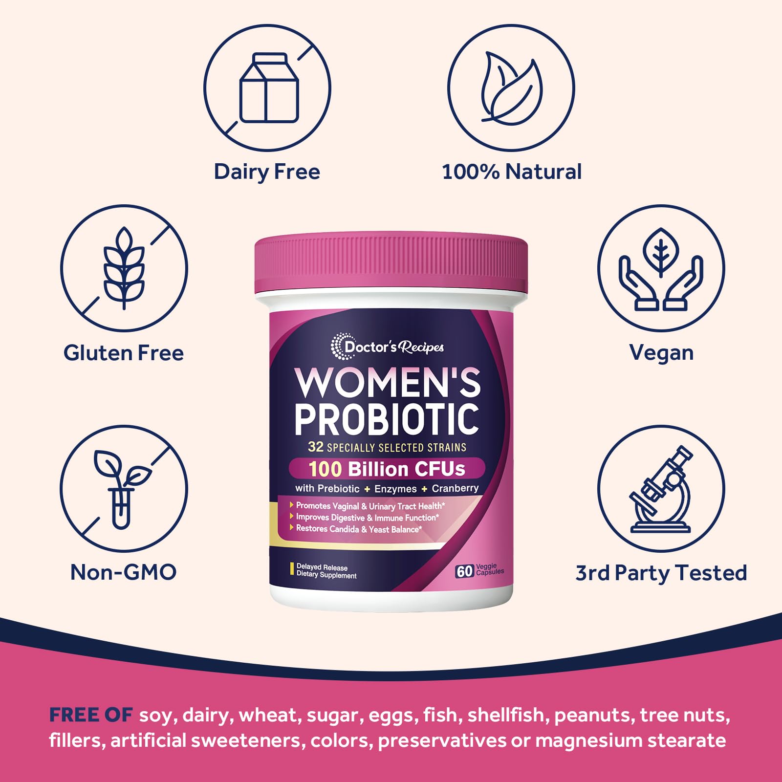 Doctor's Recipes Probiotics for Women, 100 Billion CFU 32 Strains, with Prebiotic Fiber, Enzymes & Cranberry, Vaginal Urinary Digestive & Immune, No Yeast, Shelf Stable, Delayed Release, 60 Caps