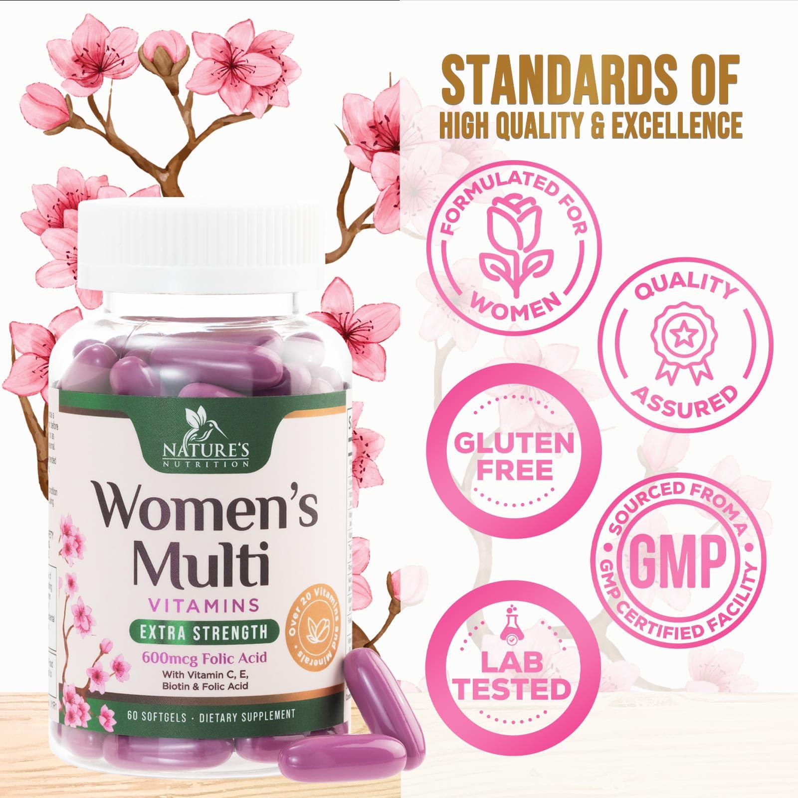 Multivitamin for Women with Iron, Calcium, Zinc, Vitamin A, C, D, E, & B Vitamins for Bone, Skin & Immune Health Support, Nature's Daily Womens Multivitamins for Women's Energy & Health, 60 Softgels