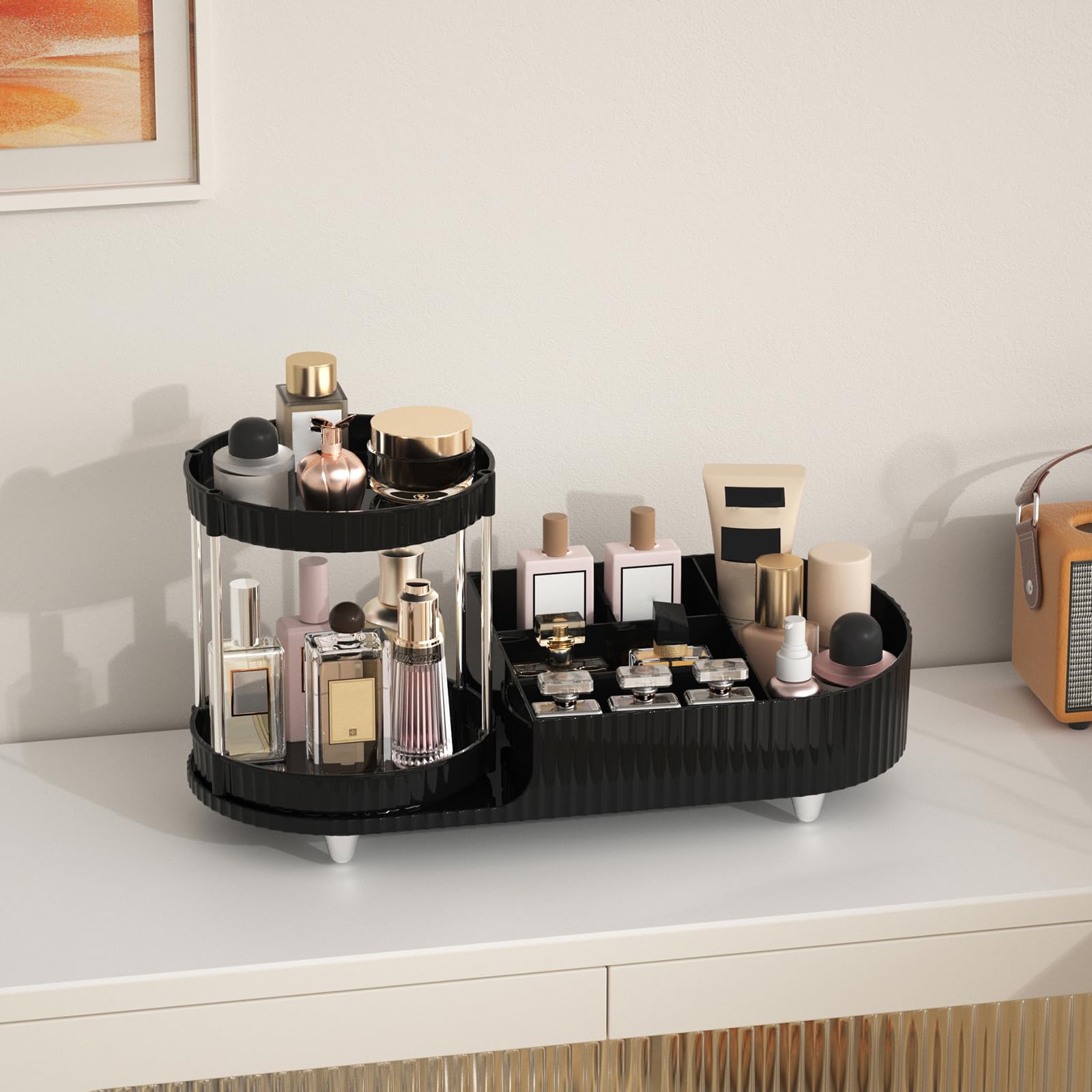 Makeup Organizer Countertop for Vanity with 360 Rotating Perfume Trays, 7-Compartment Skincare Organizers and Make Up Desk Storage, Cosmetic Organizer with Brush Holder for Bedroom Bathroom Counter