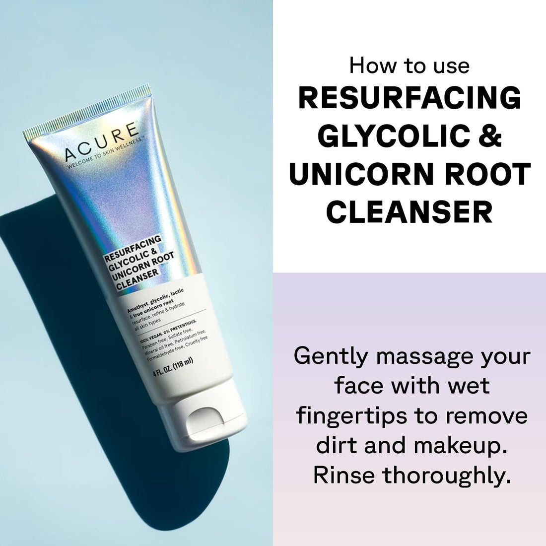 ACURE Resurfacing Glycolic + Unicorn Root Cleanser | 100% Vegan | Amethyst, Glycolic, Lactic & True Unicorn Root - Resurface, Refine & Hydrates | All Skin Types | 4 Fl Oz