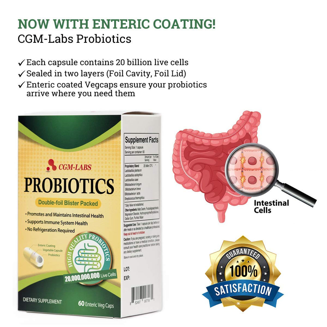 Probiotics, 20 Billion Live Cells, Premium Enteric Coated Veg Caps for Women, Men. Dietary Supplement - 60 Veg caps by CGM Labs