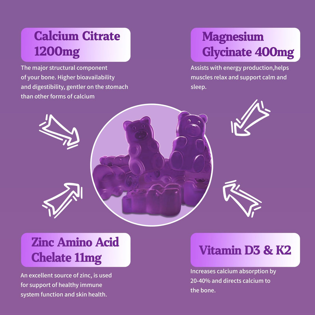 OALSE Calcium Magnesium Zinc Gummies with Vitamin D3 & K2-High Absorption Magnesium Glycinate-Muscles, Immune & Sleep Support-Sugar Free- Blueberry Flavored (1 Pack)