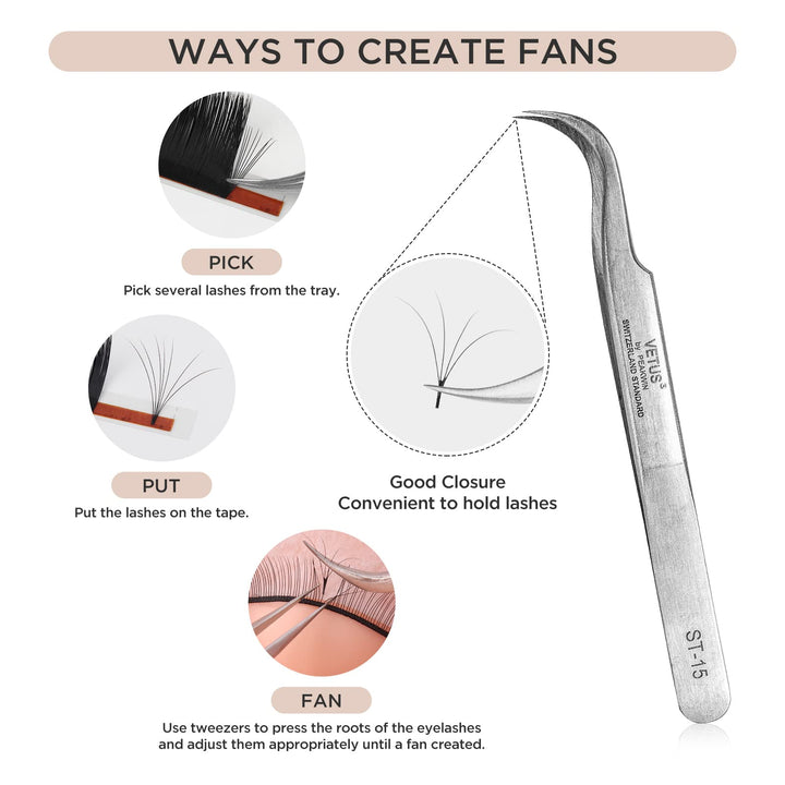 BEYELIAN Eyelash Extension Tweezers, Professional Lash Tweezers for Make Fans Volume Lashes, Curved Tip Stainless Steel Tweezers ST-15