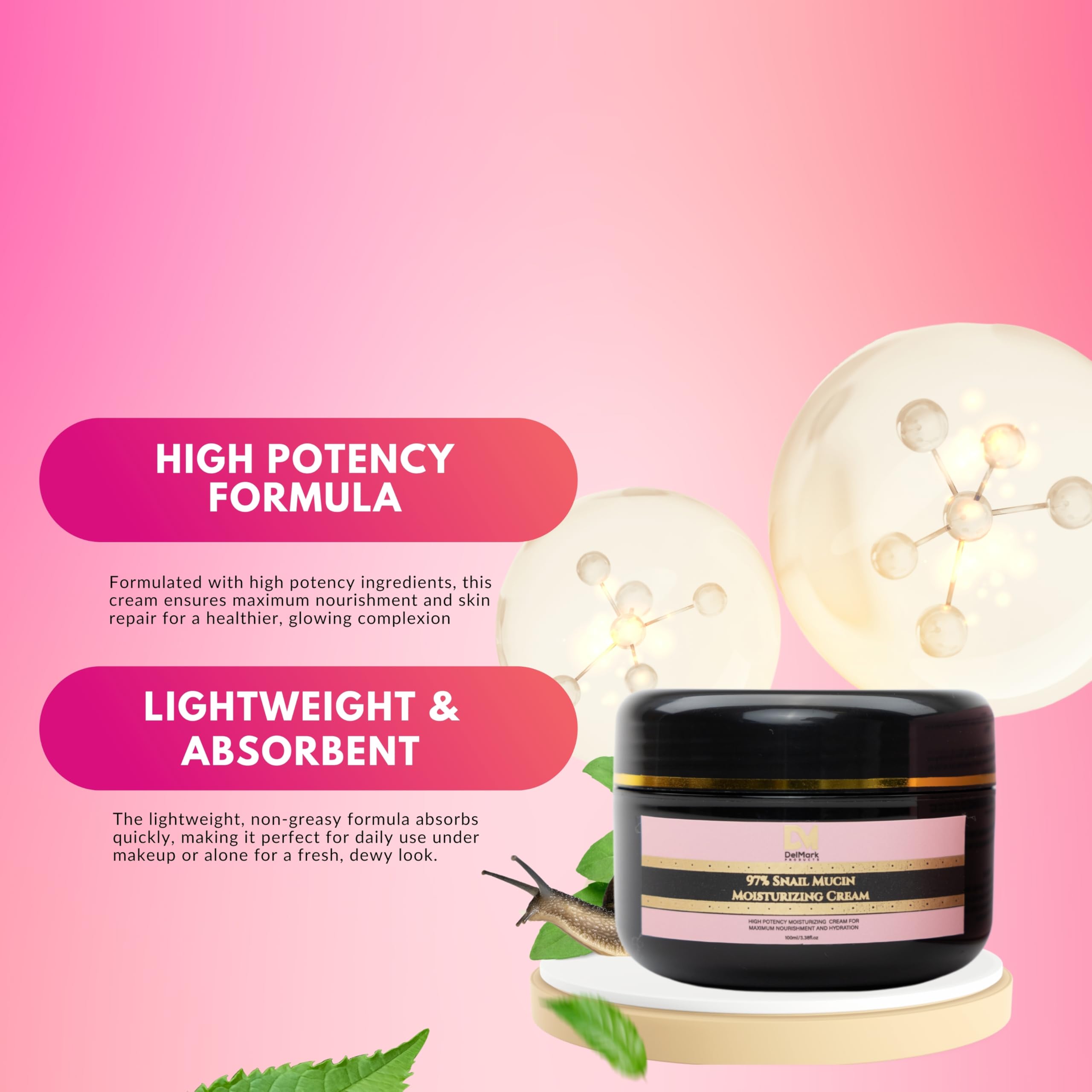 DelMark Products Snail Mucin 97% Daily Face Moisturizer Cream 100ML, Hydrate, Repair & Glow, Korean Moisturizer for Smooth, Healthy Skin