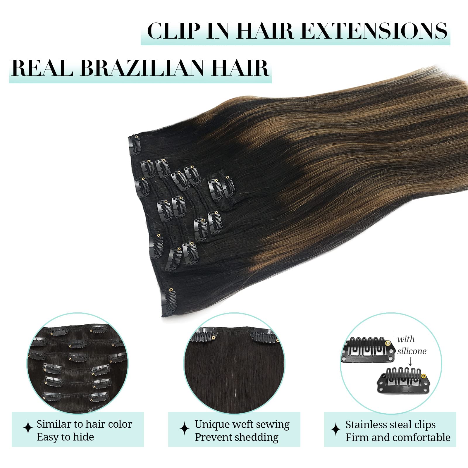 Missstar Hair Misstar 18inch Balayage Remy Clip in Human Hair Extensions Ombre Black to Chesnut Brown 7pcs 120g Clip in Hair Extensions Human Hair 1B/6/1B 120g