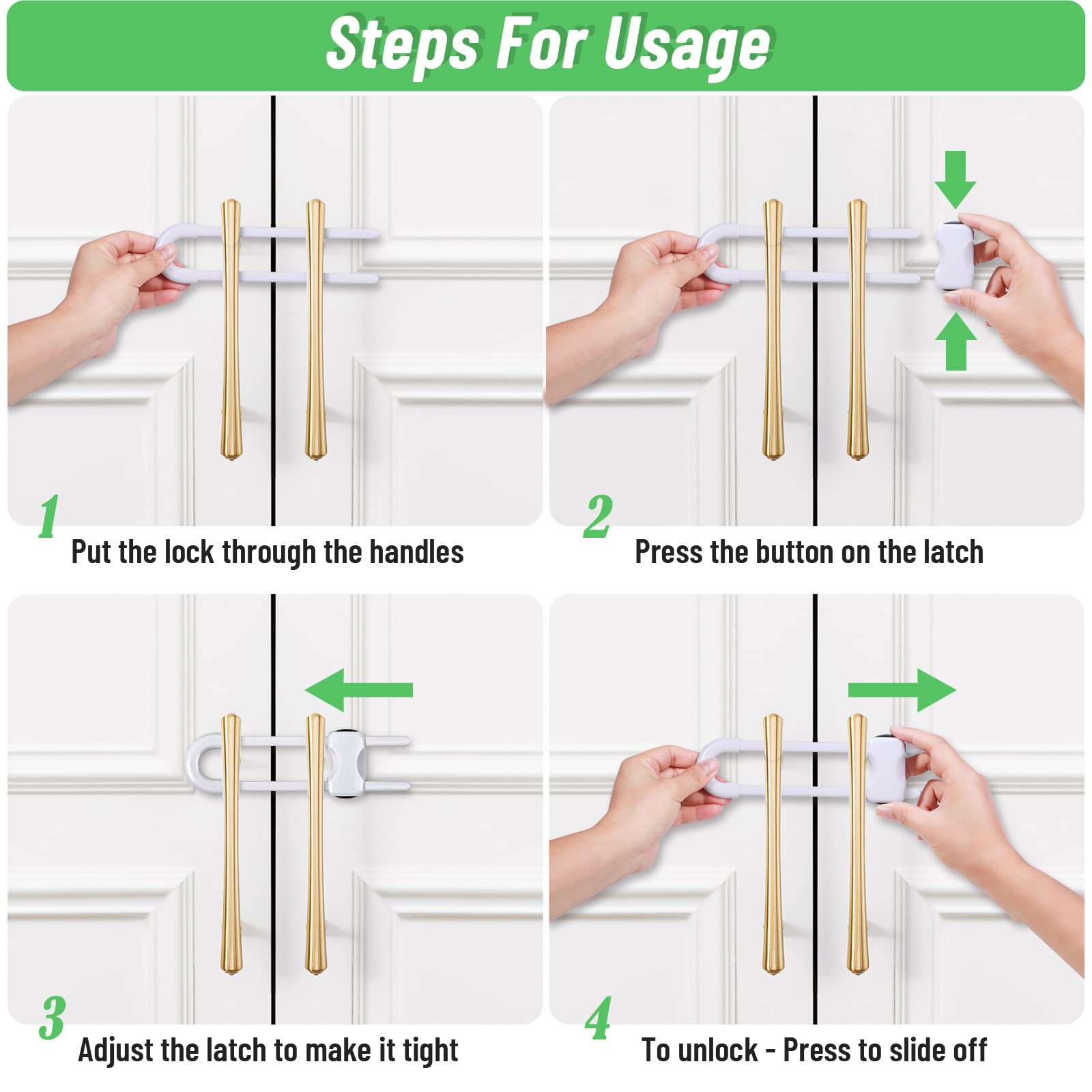 6 Packs Sliding Cabinet Locks, Modacraft Baby Proofing U-Shaped Child Safety Latches Adjustable White Locks for Handles Knobs Drawers Closet Cupboard