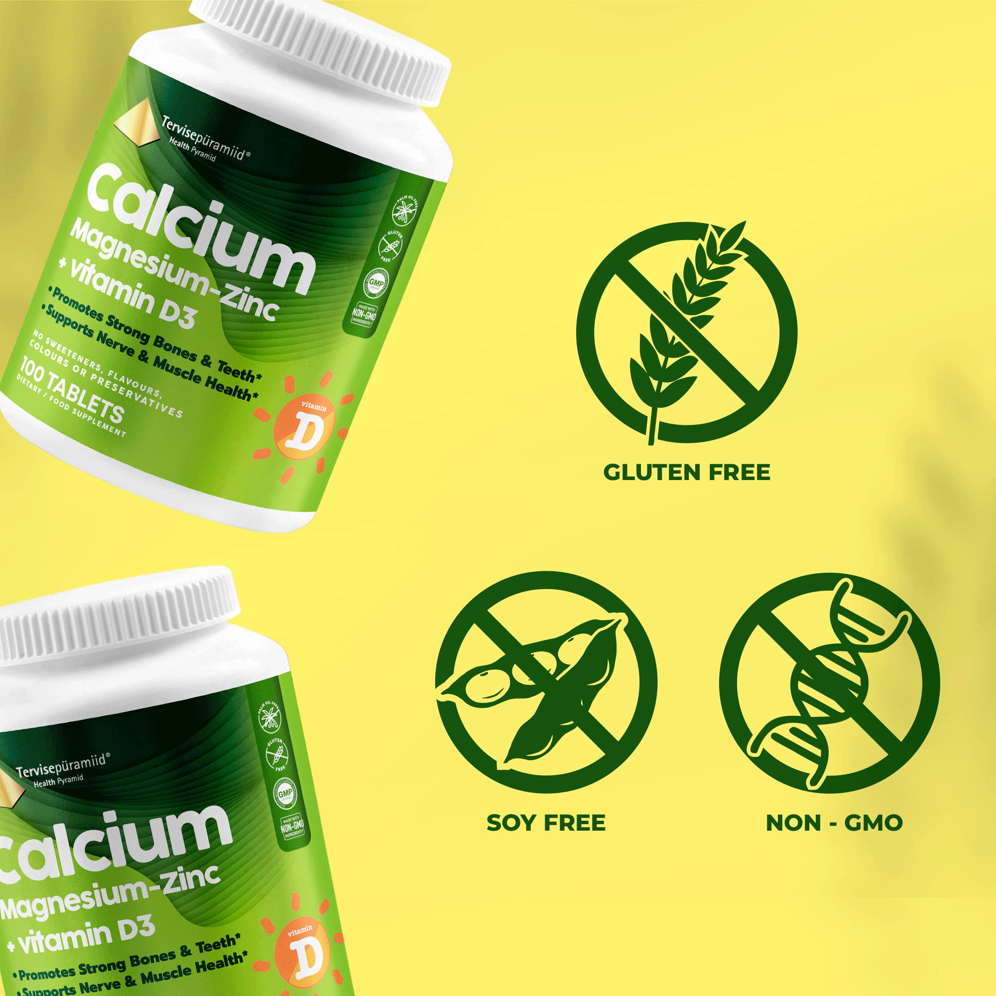 Health Pyramid Calcium Magnesium Zinc with Vitamin D3 Supplement for Strong Bones and Teeth Cal Mag Zinc Supports Nerve and Muscle Health 100 Vegan Tablets