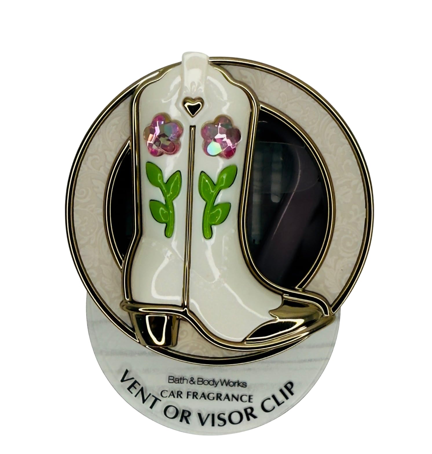 Bath and Body Works Cowgirl Boot White with Pink Flowers and Green Leaves Gold Trim Car Visor Fragrance Holder Easy To Open