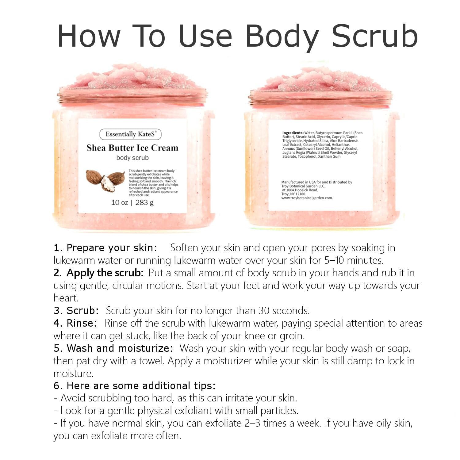 Shea Butter Ice Cream Body & Foot Scrubs 10 Oz - a Soft Serve Texture with a Nice soothing and Moisturizing Effect. Scent is Beautiful - The best stocking stuffer.