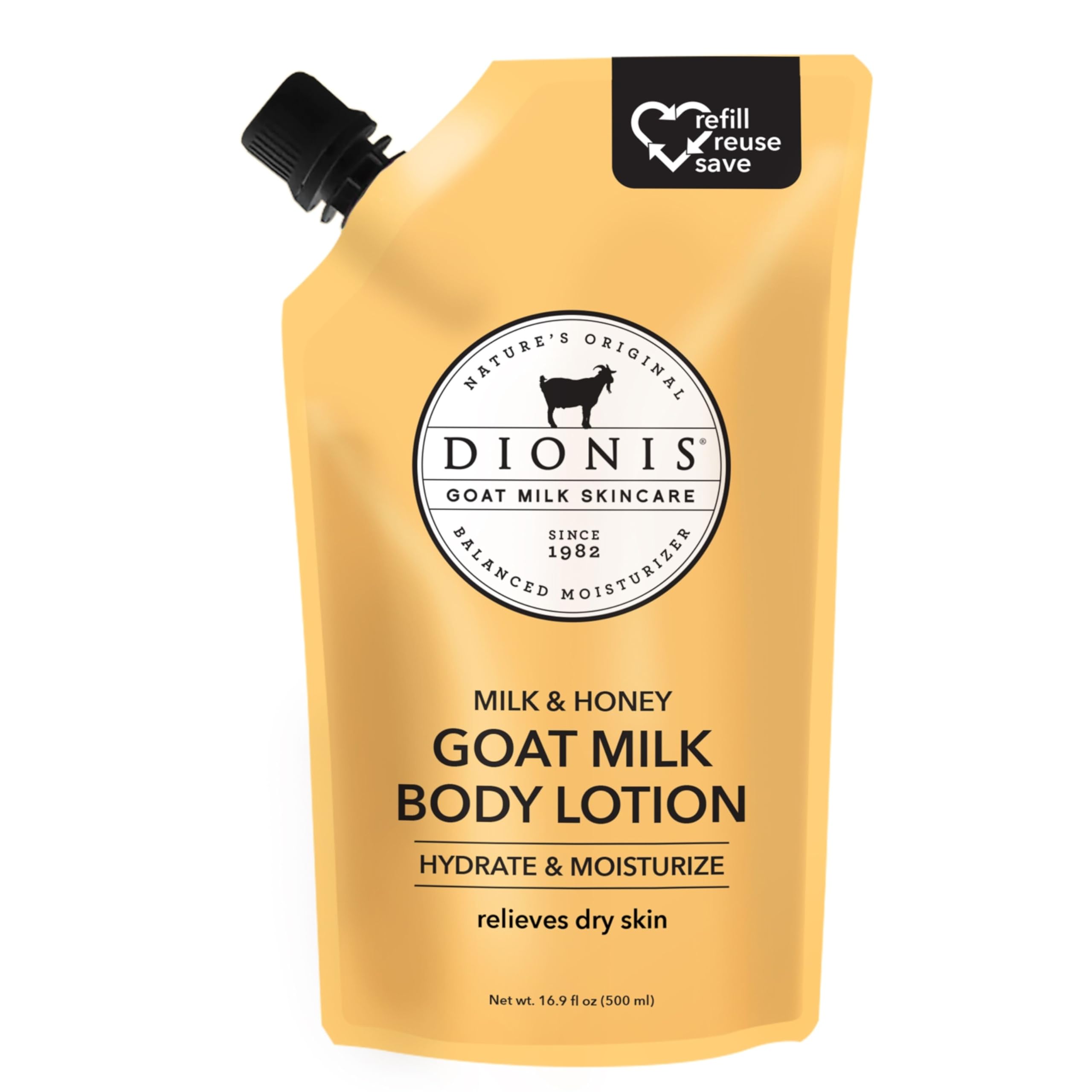 Dionis Goat Milk Skincare Body Lotion 16.9oz Refill Pouch, Cruelty Free Clean Ingredients & Dermatologist Tested Lotion for Dry Skin, Hydrating & Deeply Moisturizing Rich in Vitamins, Milk & Honey