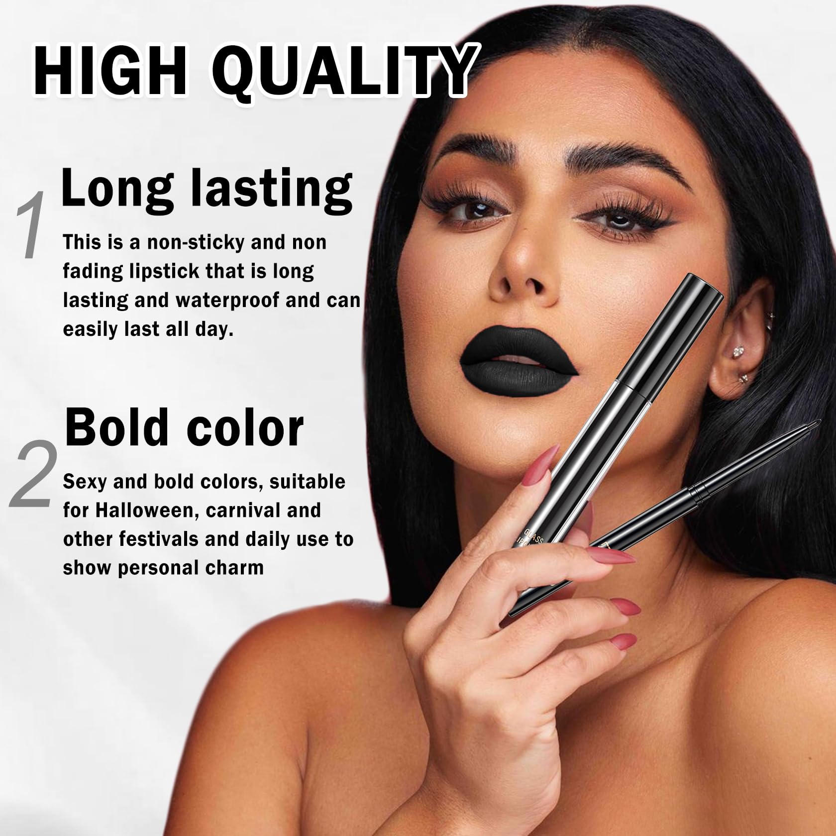 LZXLUKGIR Black Lipstick and Lip Liner Set Lip Kit,3 in 1 Velvet Black Lipstick Halloween Matte Black Liquid Lipstick Lip Gloss with Black Lip Pencil,Hydrating Lip Stain Lip Makeup(Black Magic)