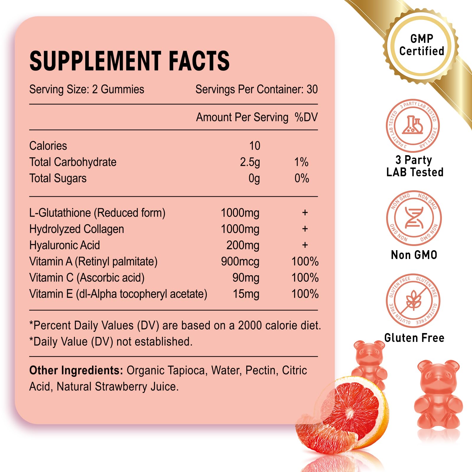 Glutathione Collagen Glow Gummies, Collagen Gummies with Vitamin C, E, Glutathione Supplement for Women, Skin Care, Anti-Aging, Grapefruit Flavor, 60 Count