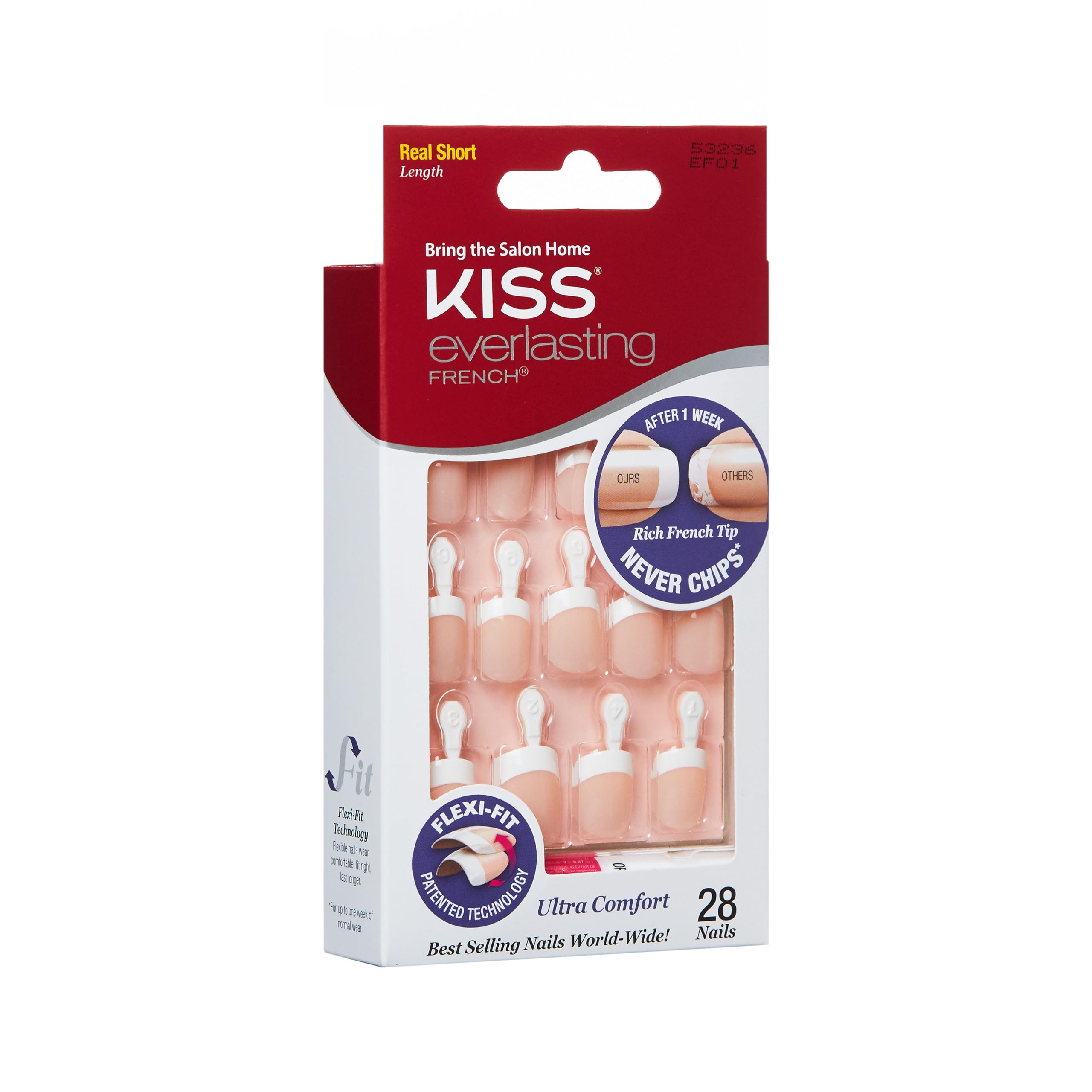 Kiss Everlasting French Nail Manicure, Chip-Free with Flexi-Fit Technology, Real Short, Endless, Nail Kit with Pink Nail Glue (Net Wt. 2 g / 0.07oz.), Mini File, Manicure Stick, and 28 Fake Nails