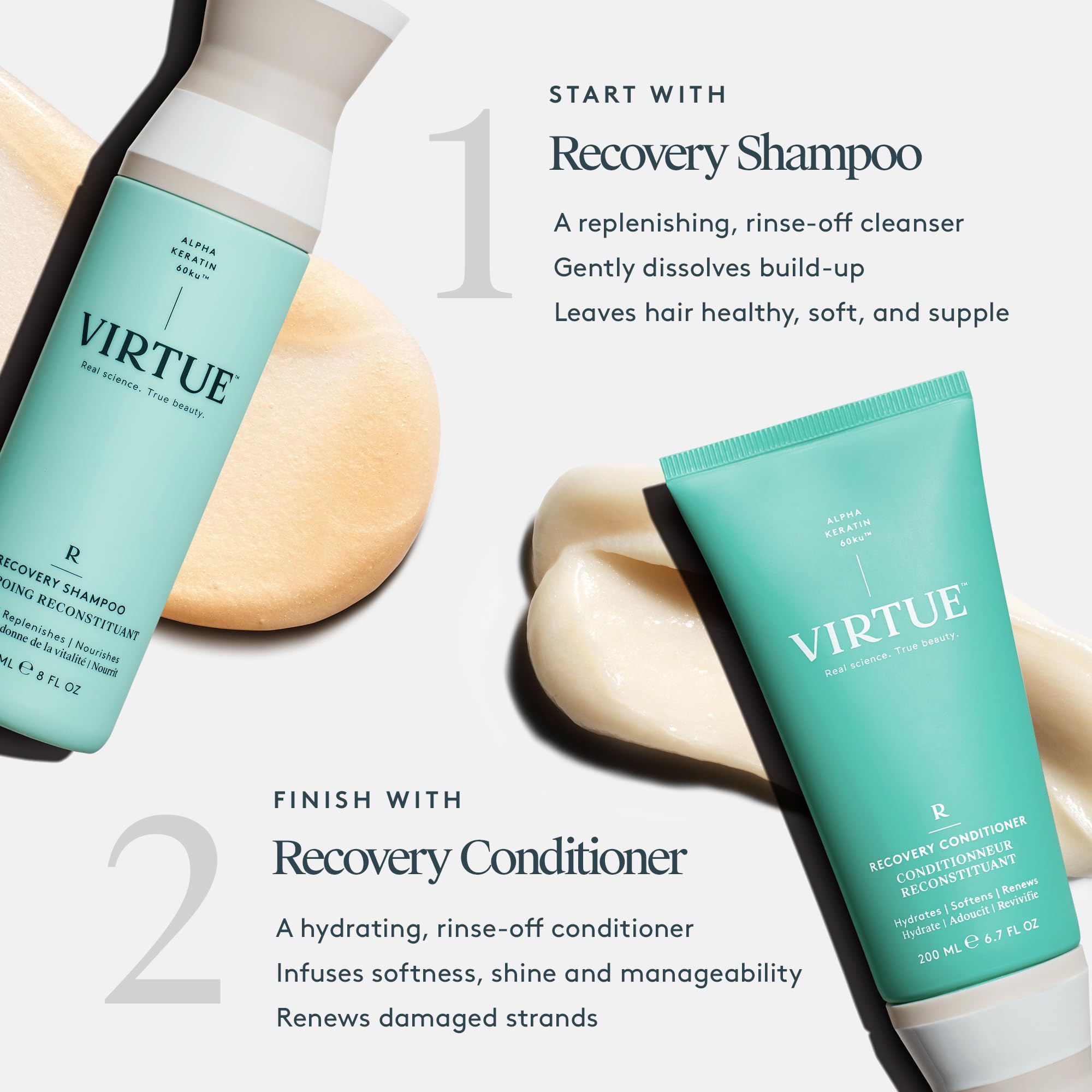 VIRTUE Recovery Conditioner 6.7 FL OZ | Alpha Keratin Hydrates, Softens, Renews Hair | Sulfate Free, Paraben Free, Color Safe