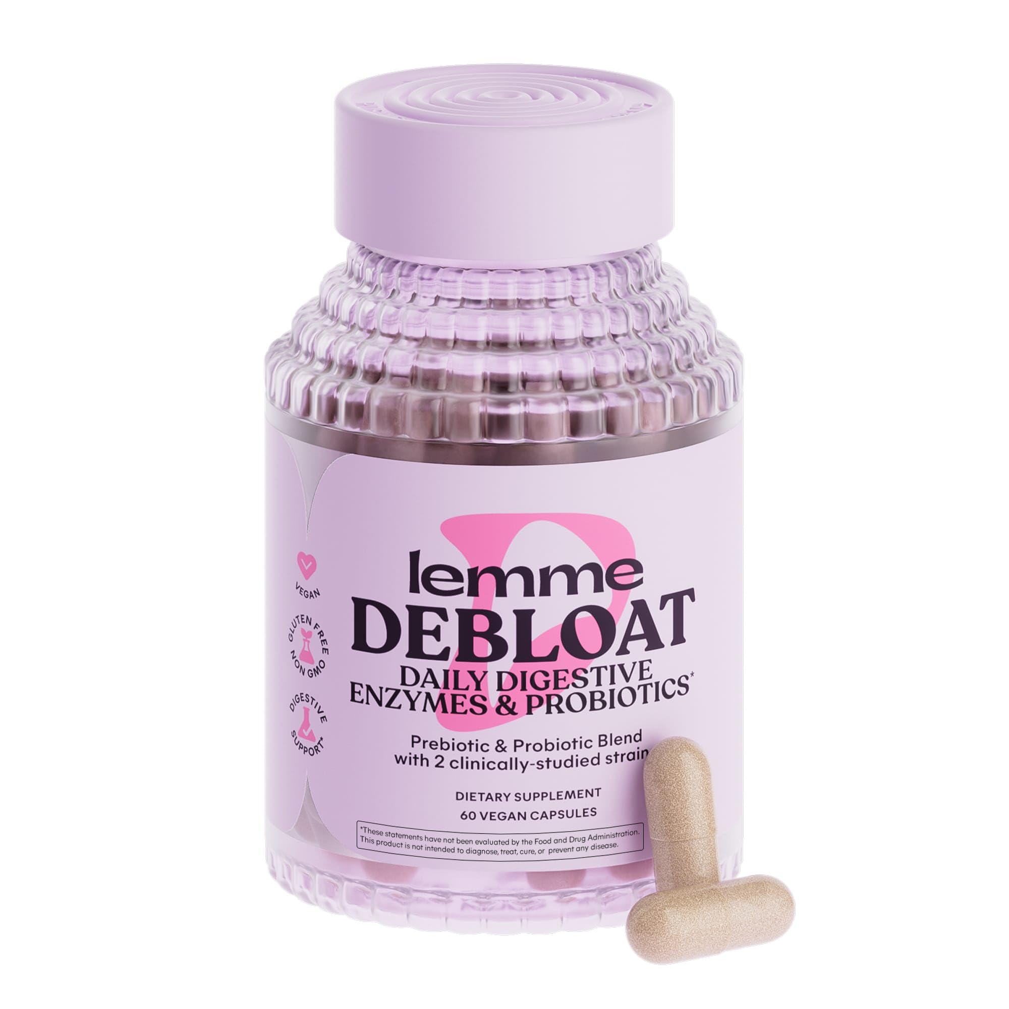 Lemme Debloat 3-in-1 Prebiotic, Probiotic & Digestive Enzyme Capsules for Bloating & Gas Relief - 2 Clinically Studied Probiotics w/5 Digestive Enzymes to Improve Digestion, Women & Men, (60 Count)