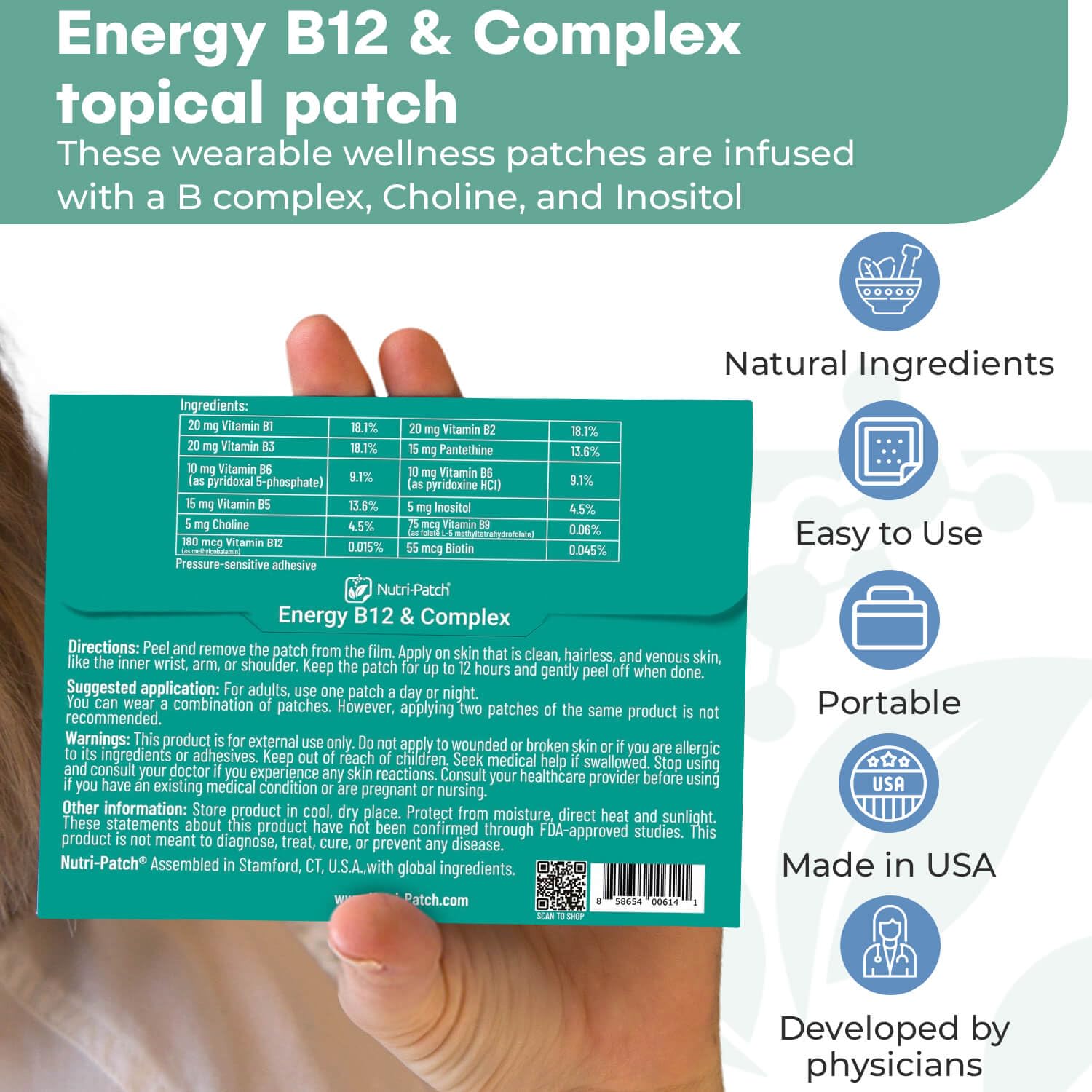 NUTRI-PATCH Energy B12 &Complex Topical Patch,Infused with B1,B2,B3,B12,B9,Biotin,and Other Wellness Ingredients.Designed to give You a Boost (30/Pack).