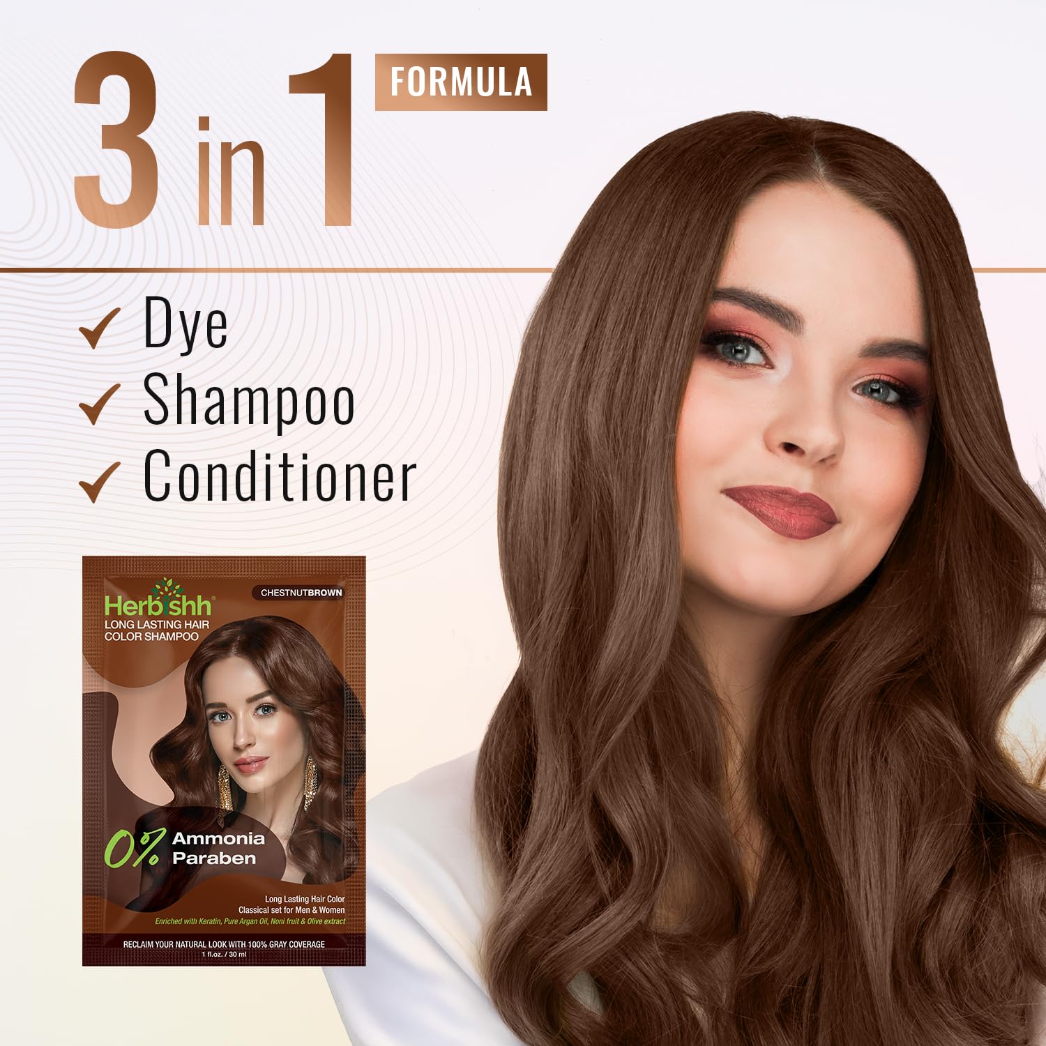 Herbishh Travel Pack Hair Dye Color Shampoo in Sachet + 1pc Argan Hair Mask Sachet (Chestnut brown, 2 sachets)