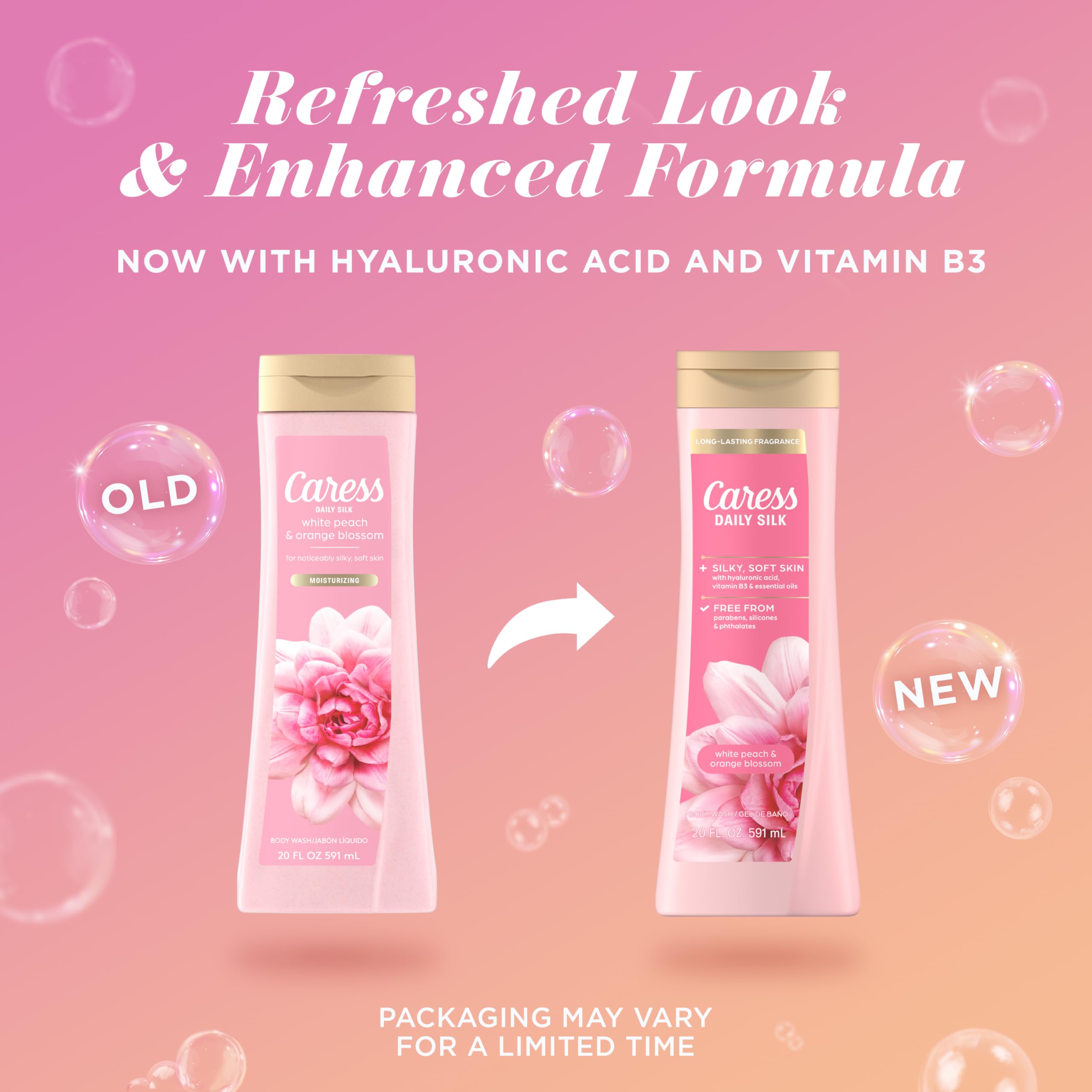 Caress Body Wash for Women, Daily Silk White Peach & Orange Blossom, Shower Gel Body Wash Moisturizing for Noticeably Silky, Soft Skin, 20 fl oz, 4 Pack