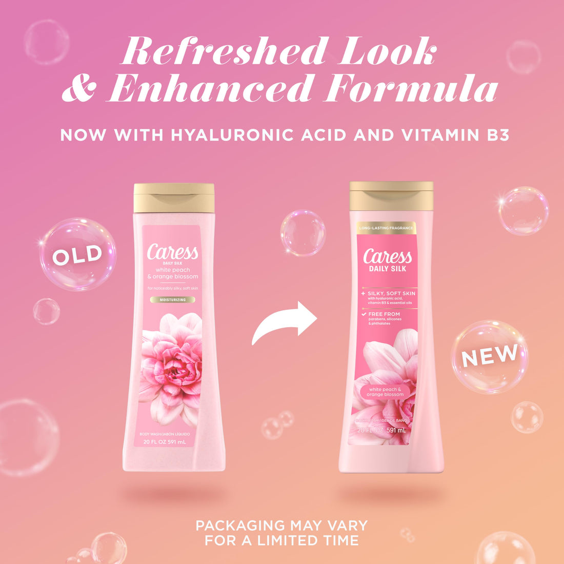 Caress Body Wash for Women, Daily Silk White Peach & Orange Blossom, Shower Gel Body Wash Moisturizing for Noticeably Silky, Soft Skin, 20 fl oz, 4 Pack