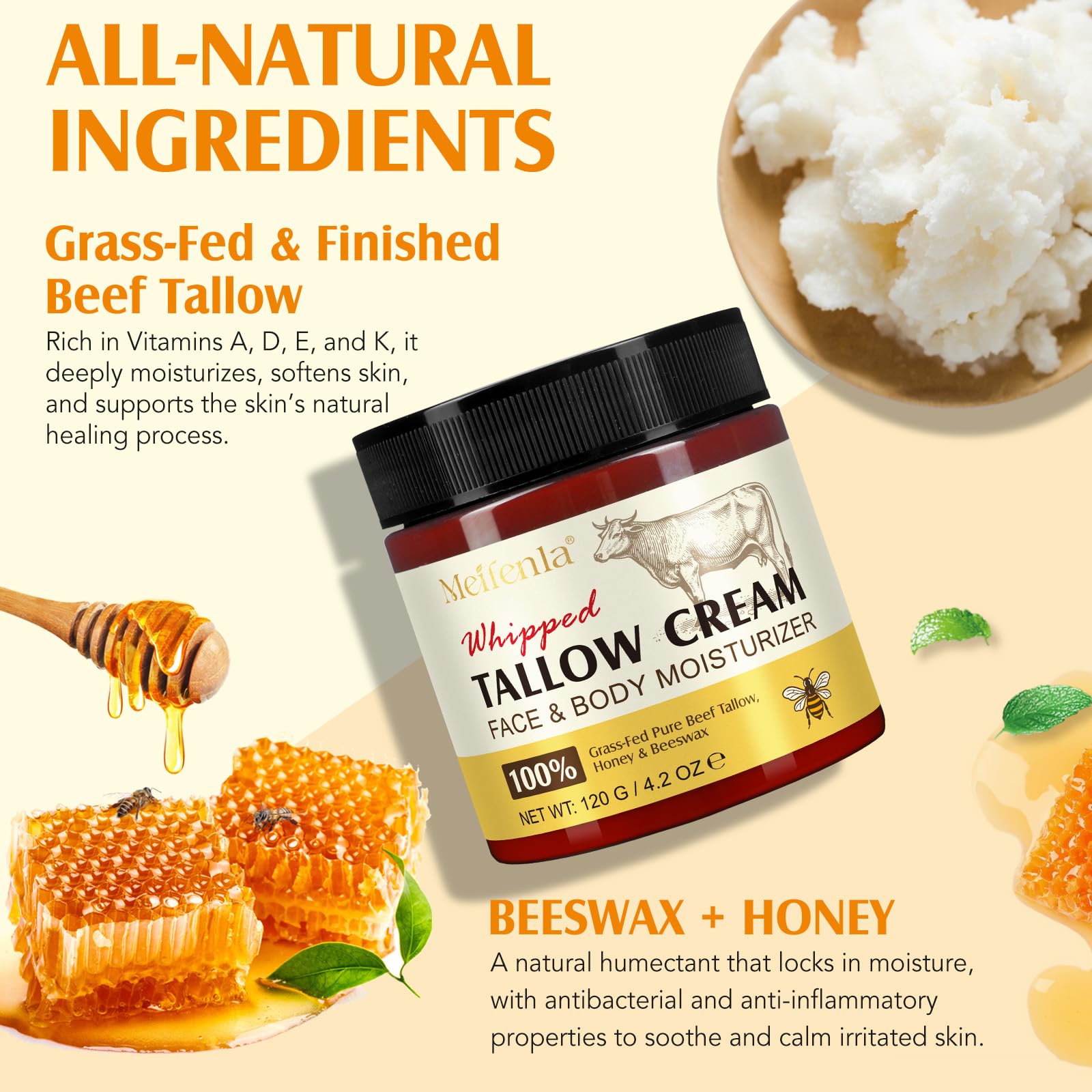 Meifenla Beef Tallow for Skin, Tallow and Honey Cream Natural Tallow Face Moisturizer, Organic Hydrating Beef Tallow Balm Deeply Moisturizing for Face & Body Skin Care