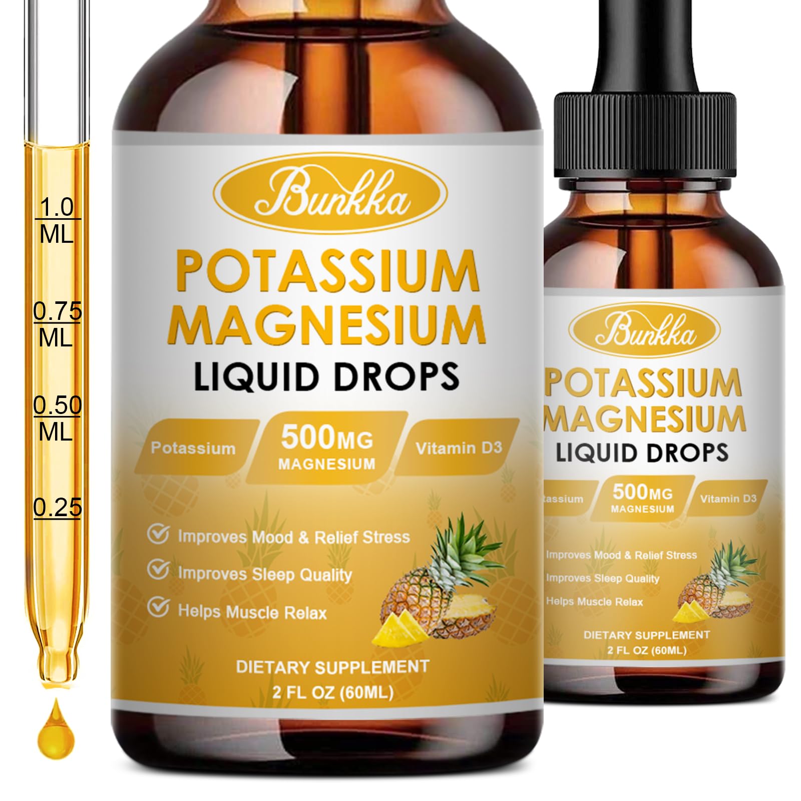 Bunkka Potassium Magnesium Supplement, Potassium Supplement with Magnesium, Calcium, Vitamin D3, Zinc, Sugar Free & Vegan Liquid Drops for Leg Cramps, Energy, Metabolism, for Adult and Kid