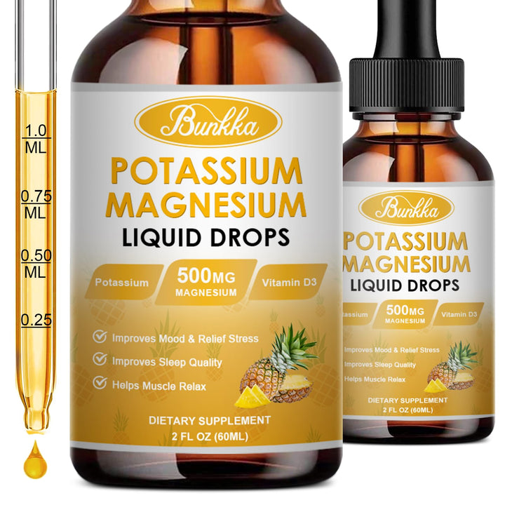 Bunkka Potassium Magnesium Supplement, Potassium Supplement with Magnesium, Calcium, Vitamin D3, Zinc, Sugar Free & Vegan Liquid Drops for Leg Cramps, Energy, Metabolism, for Adult and Kid