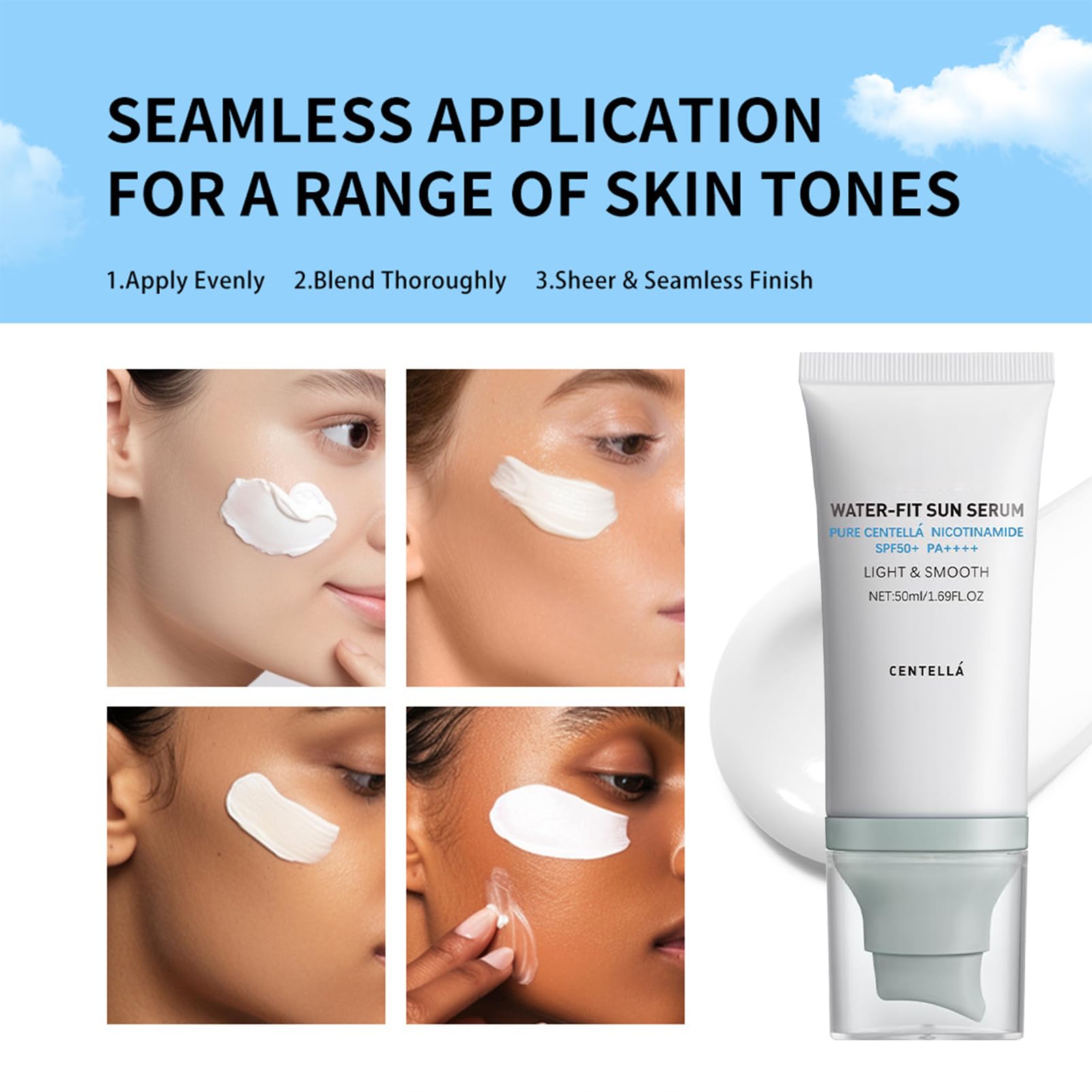 á Sunscreen SPF 50, Hyalu Cica Water-Fit Sun Serum, Face Sun Screen Long-Lasting Protection, Cen-tella Madagascar Sunscreen, NO White Cast - Dry Oily Skincare (Blue 1)